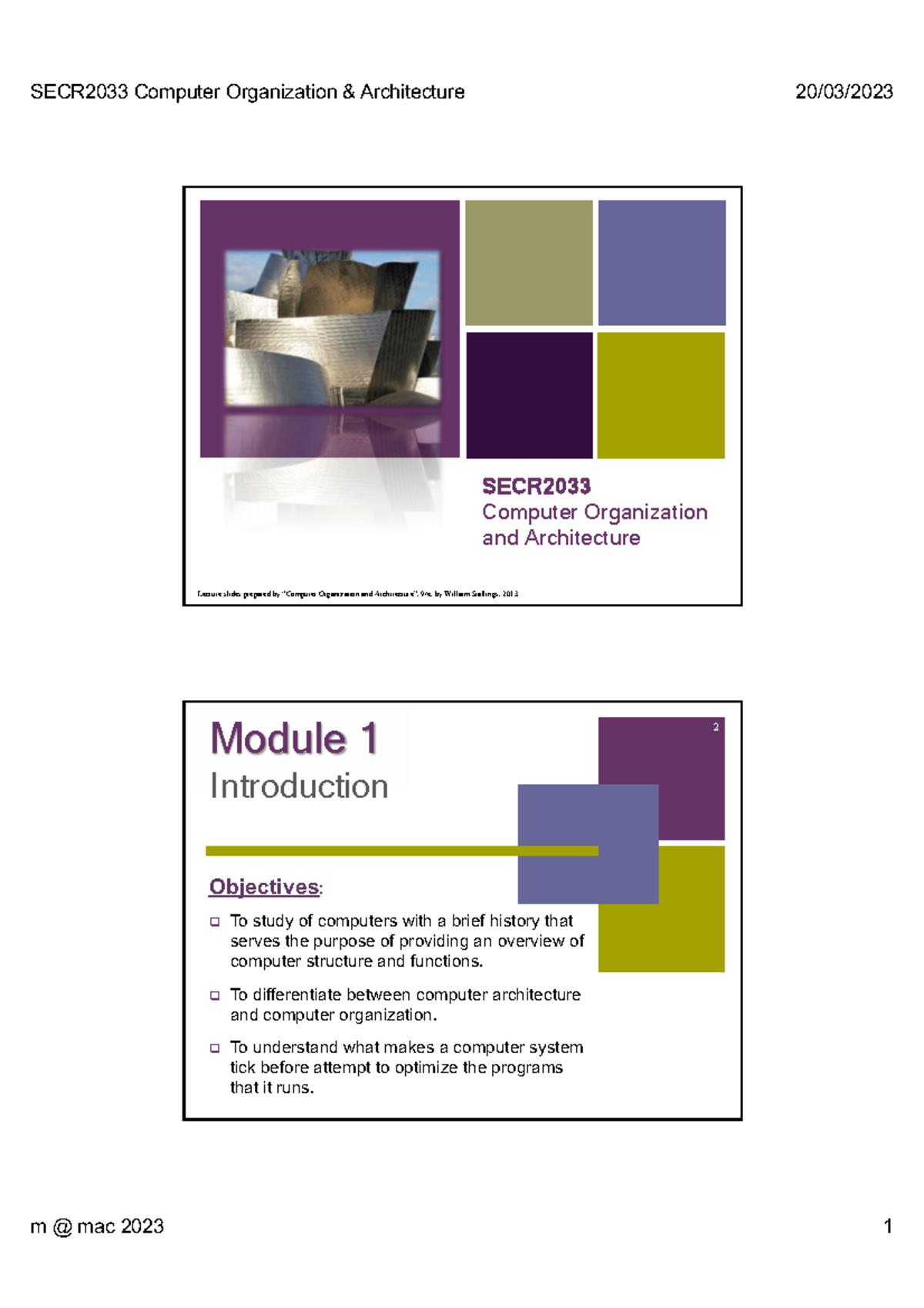 SECR2033 Computer Organization Architecture Lecture Slides - Module 1 ...