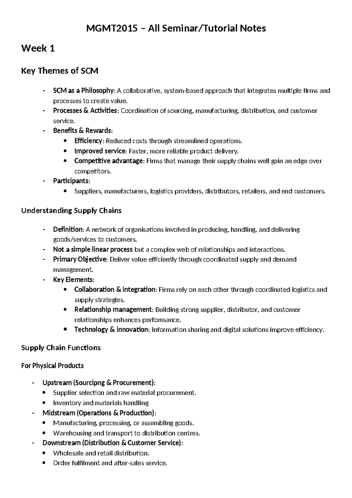 MGMT2015 – Week 1 Supply Chain Management Key Themes and Concepts - Studocu