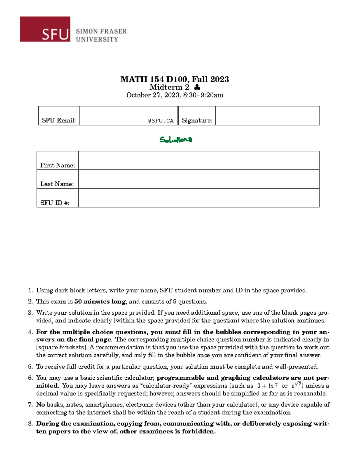 MATH 154 D100, Fall 2023 Midterm 2 Solutions and Guidelines - Studocu