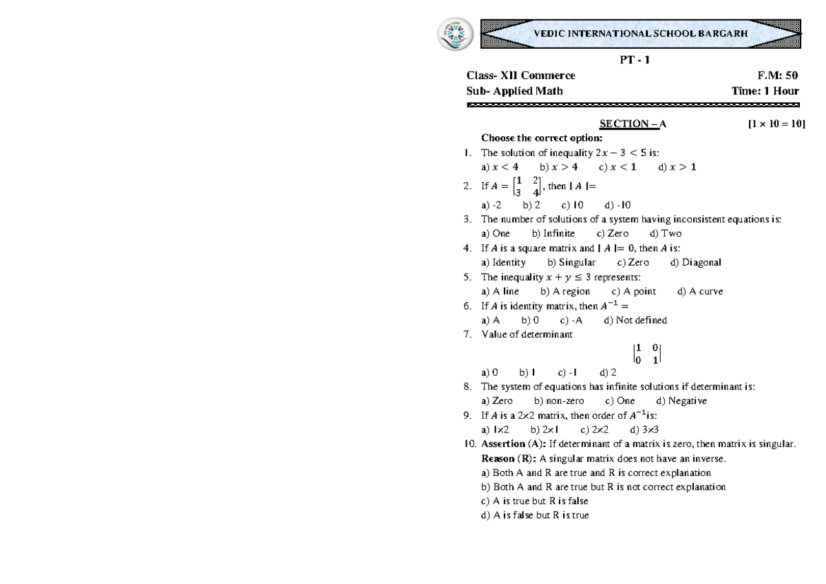 XII Commerce Applied Math PT 1 - Vedic Int. School Bargarh - Studocu
