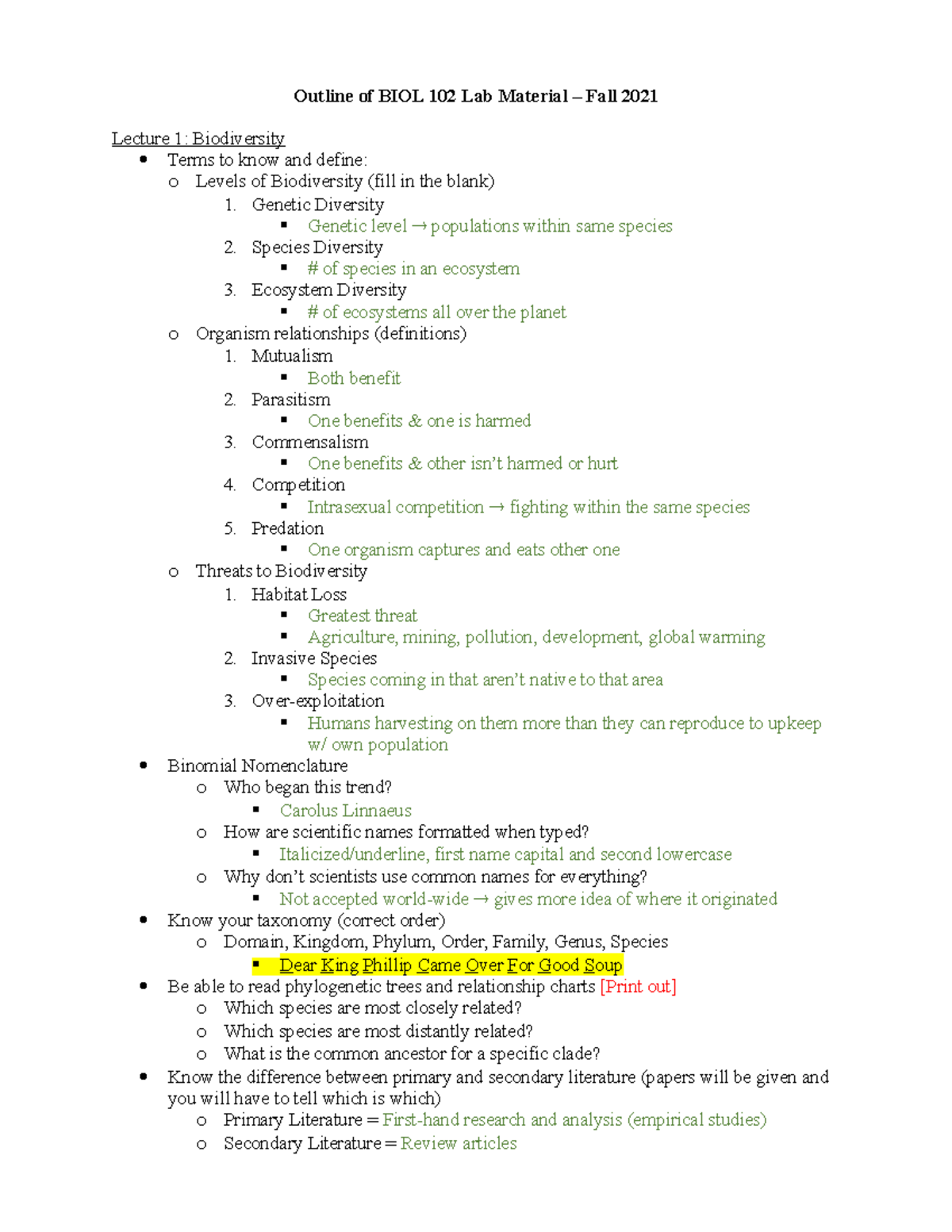 BIOL 102 L study Guide - Outline of BIOL 102 Lab Material – Fall 2021 ...