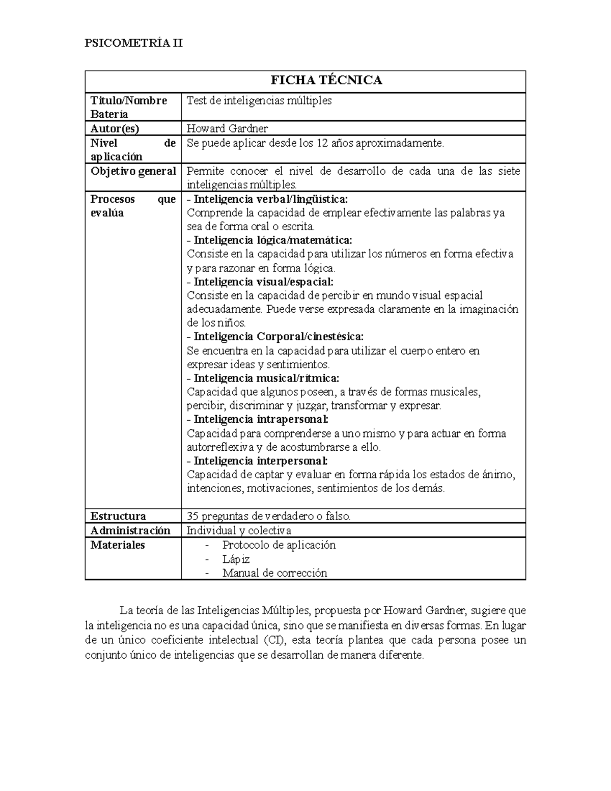 Test De Inteligencias Mltiples De Howard Gardner Descripcine ...