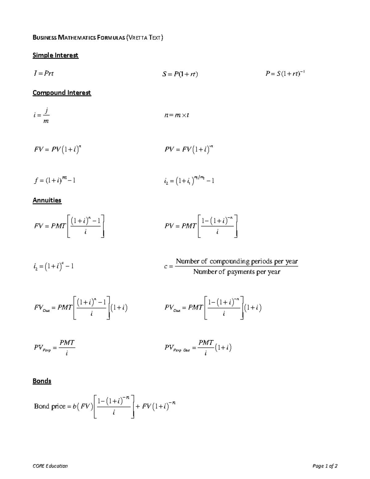 BUSINESS MATHEMATICS FORMULAS (VRETTA TEXT) - 4th Ed 2020 - Studocu