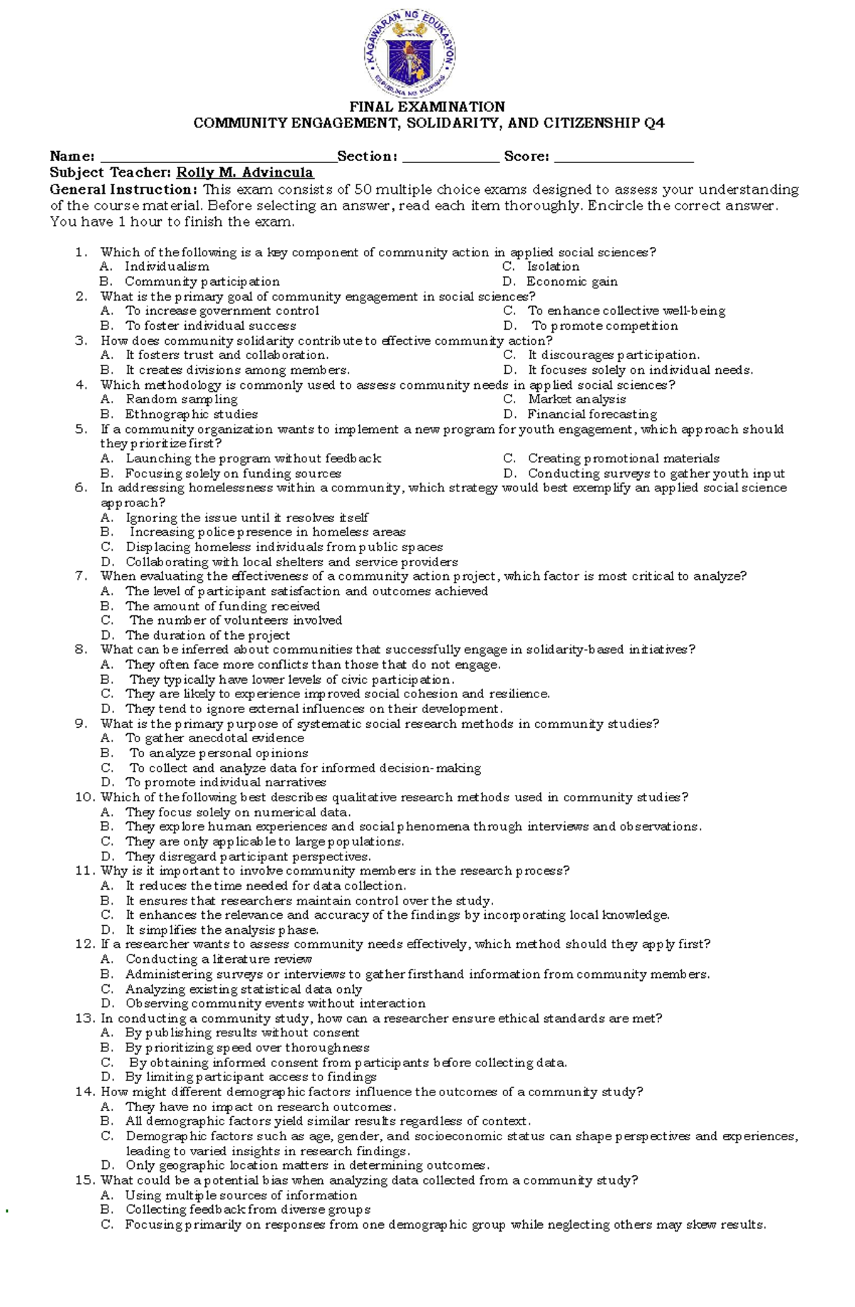 FINAL EXAMINATION ON COMMUNITY ENGAGEMENT AND CITIZENSHIP Q4 - Studocu