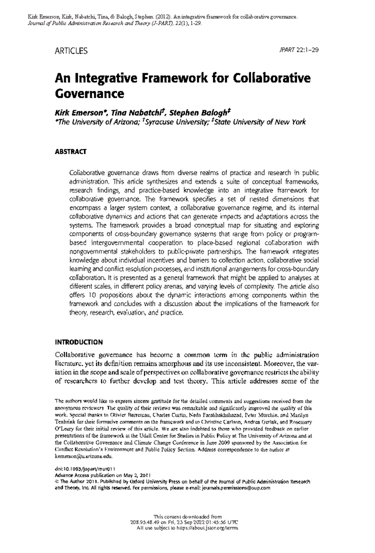 Integrative Framework for Collaborative Governance (JPART 22:1) - Studocu