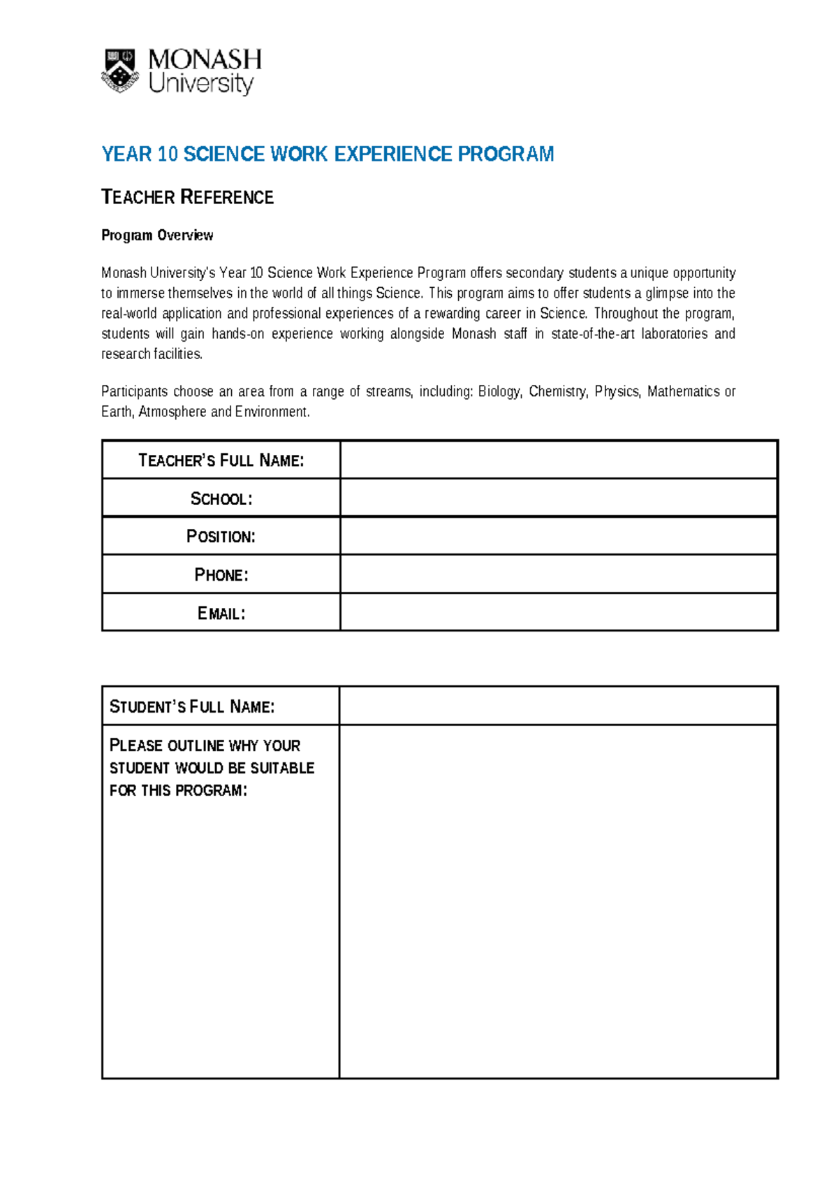 YEAR 10 Science WORK Experience Program - YEAR 10 SCIENCE WORK ...