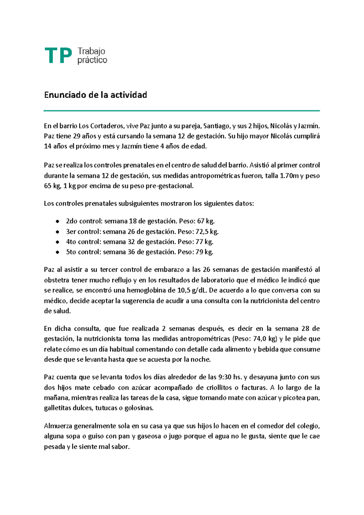 TP2 - Actividad sobre Control Prenatal y Alimentación de Paz - Studocu