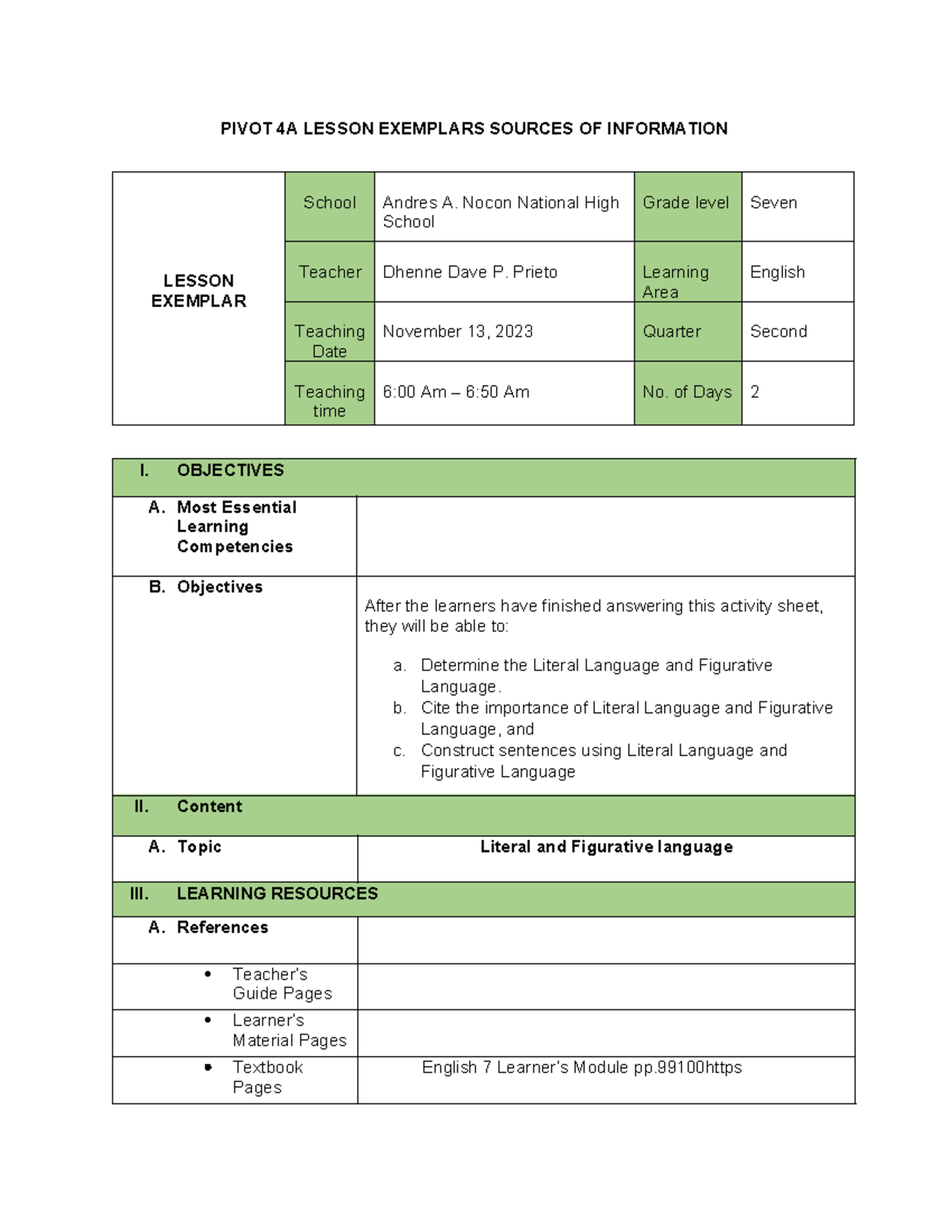 Literal and Figurative Language Lesson Plan - English 7 - Studocu
