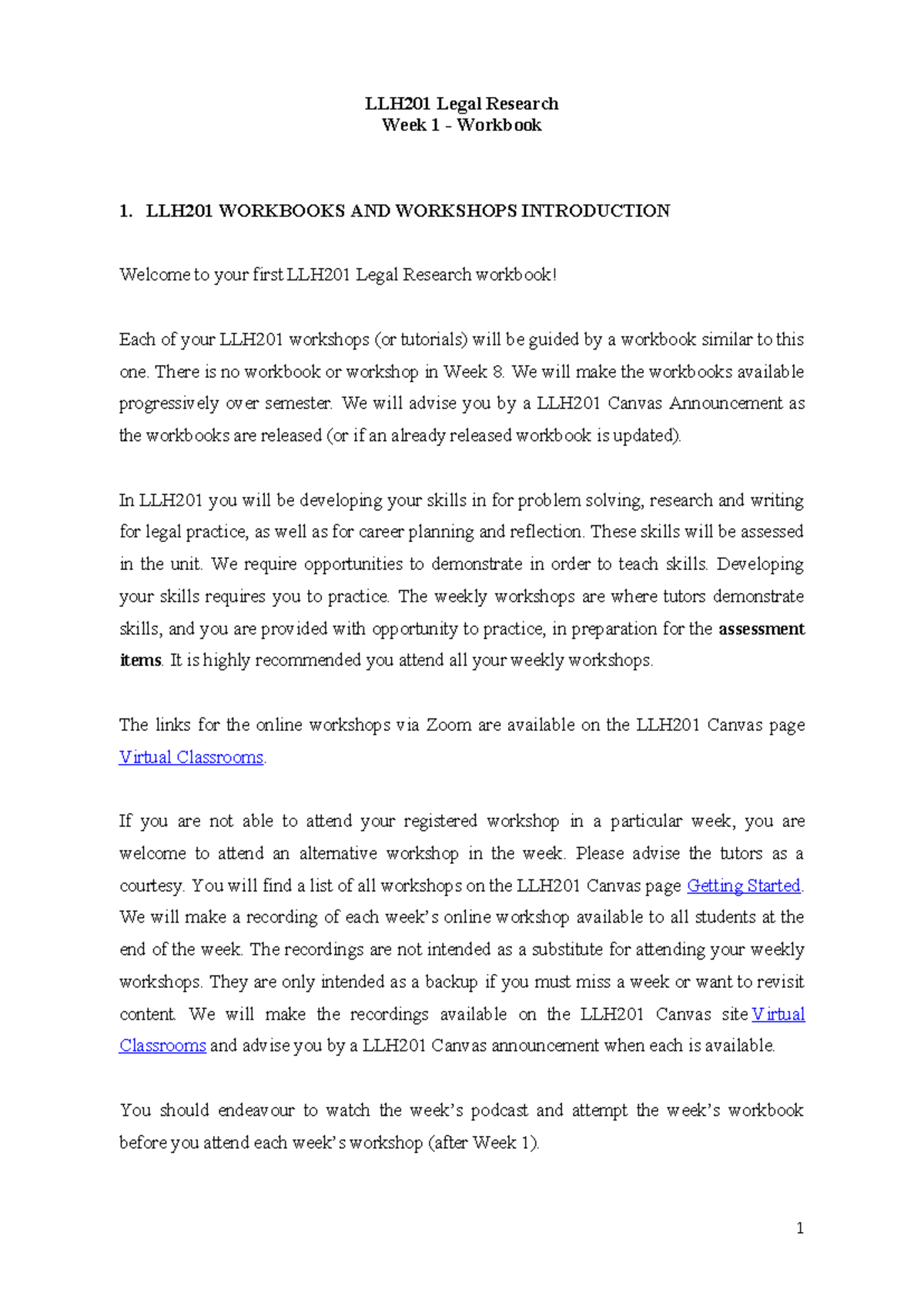 LLH201 Legal Research Week 1 Workbook: Career Planning & Gen AI ...