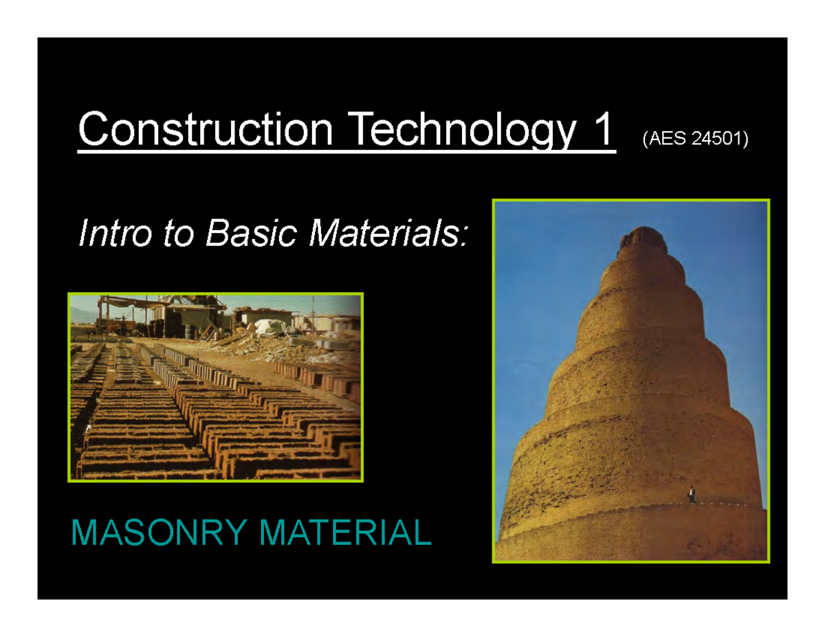 Construction Technology 1 (AES 24501): Masonry Materials and Techniques ...