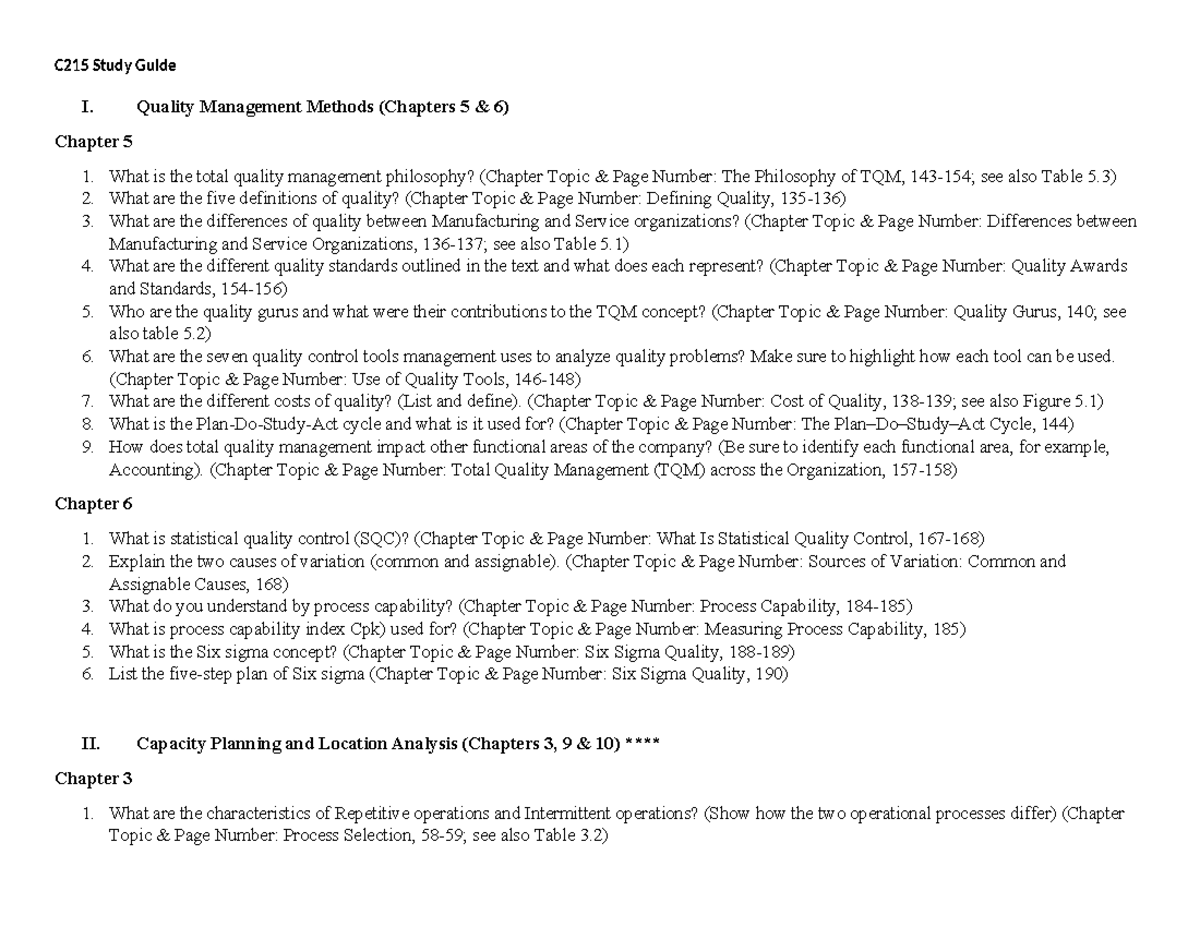 C215 Study Guide - I. Quality Management Methods (Chapters 5 & 6 ...
