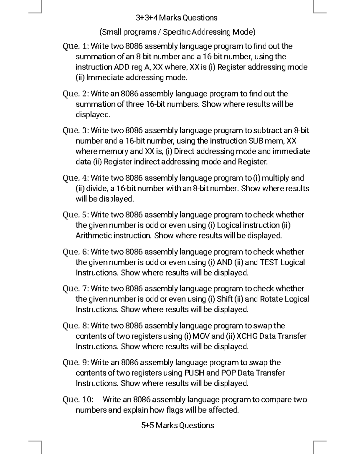 8086 Question Bank: Assembly Language Program Exercises - Studocu