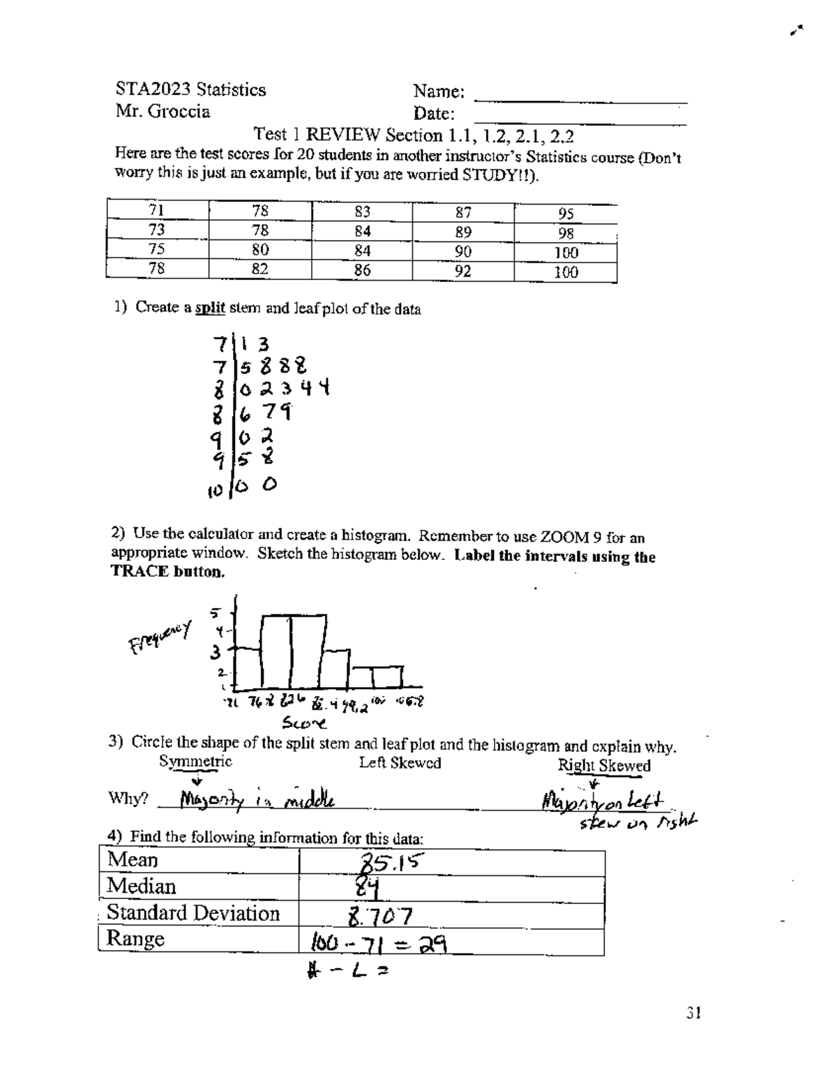 STA2023 Chapter 1 & 2 Review Solutions Guide - Studocu