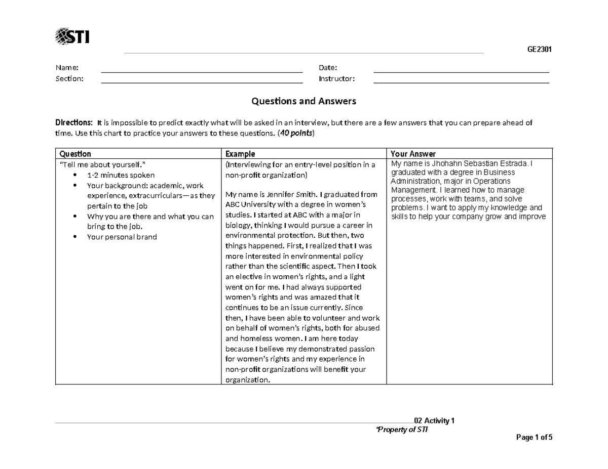 GE2301 Interview Preparation: Questions & Answers Guide - Studocu