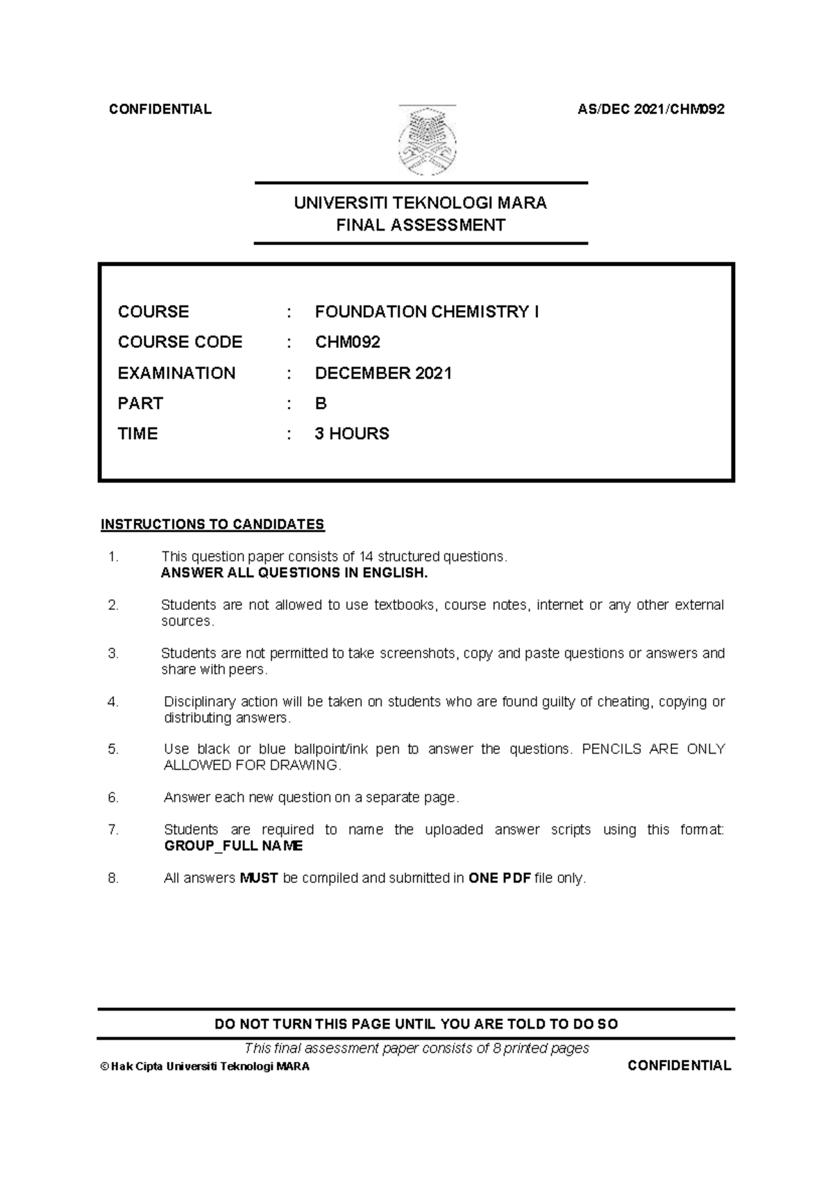 CHM092 Foundation Chemistry I SEM 1 Final Exam Questions (2021) - Studocu