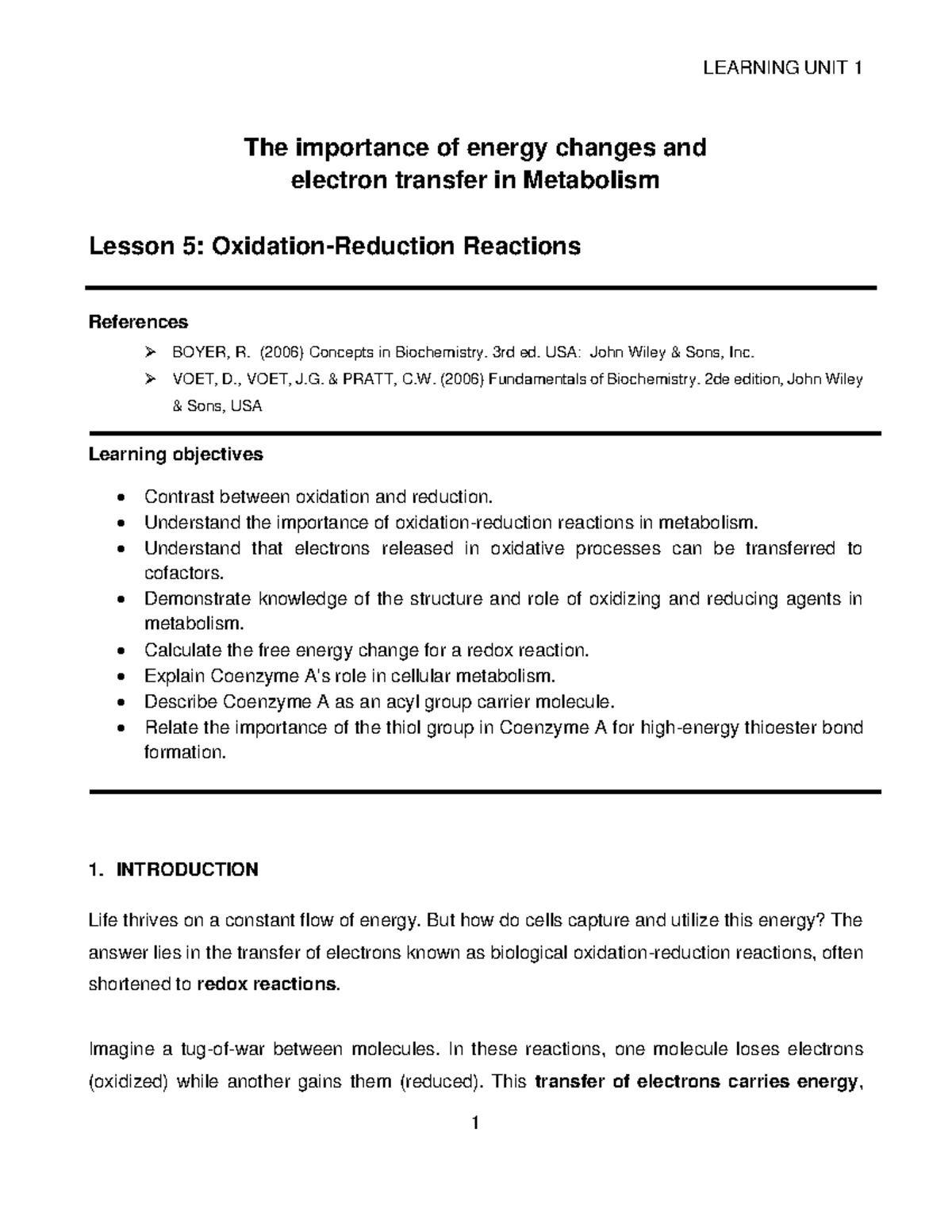 LU 1 Lesson 5: The Role of Redox Reactions in Metabolism - Studocu