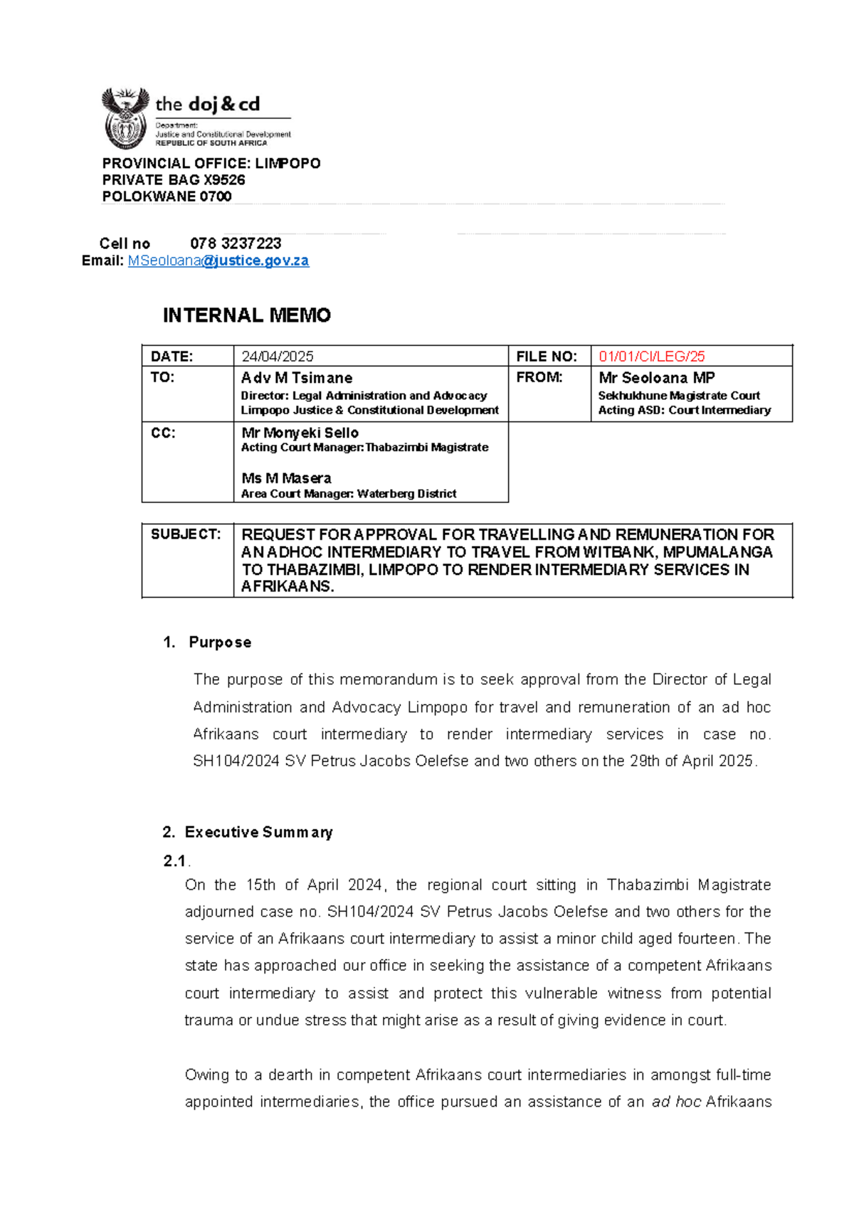Ad Hoc Intermediary Memo: Approval Request for Travel & Remuneration ...