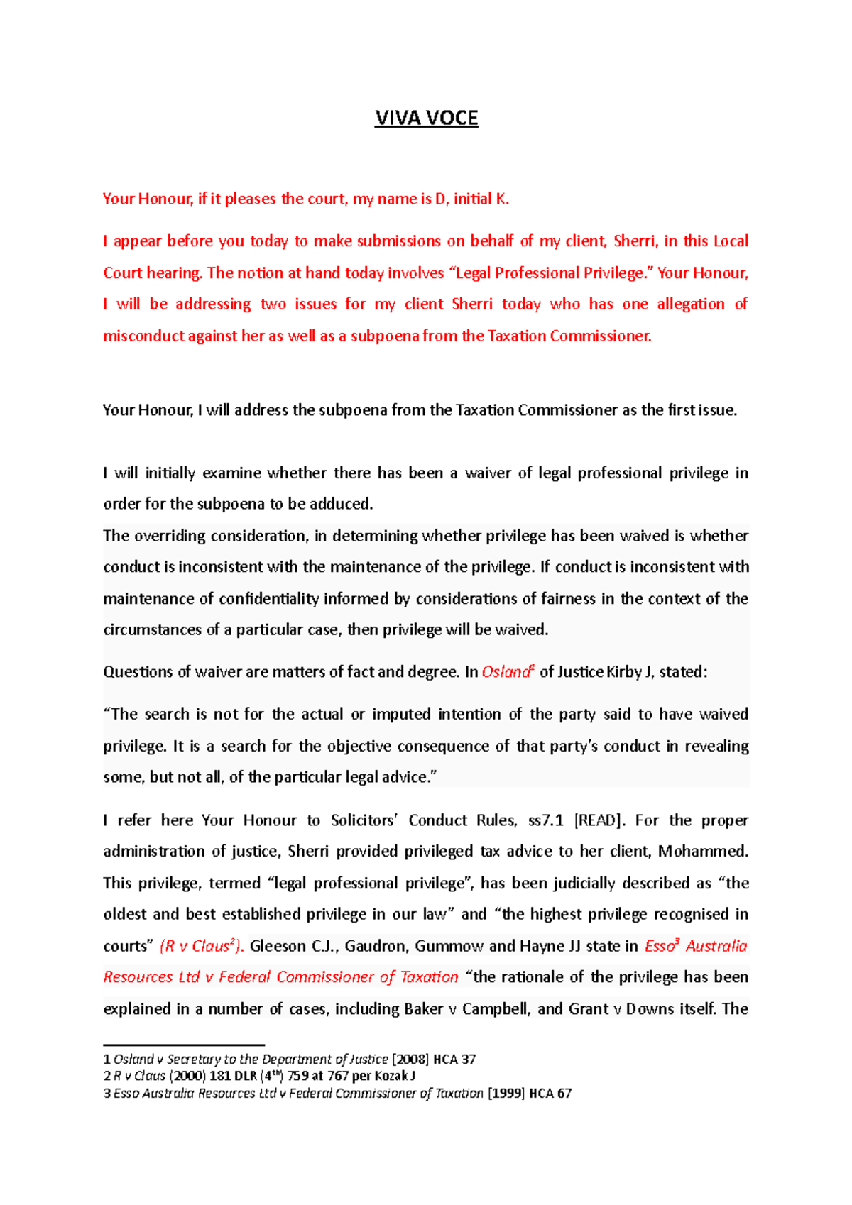 VIVA VOCE - Legal Privilege & Misconduct Defense Script - Studocu