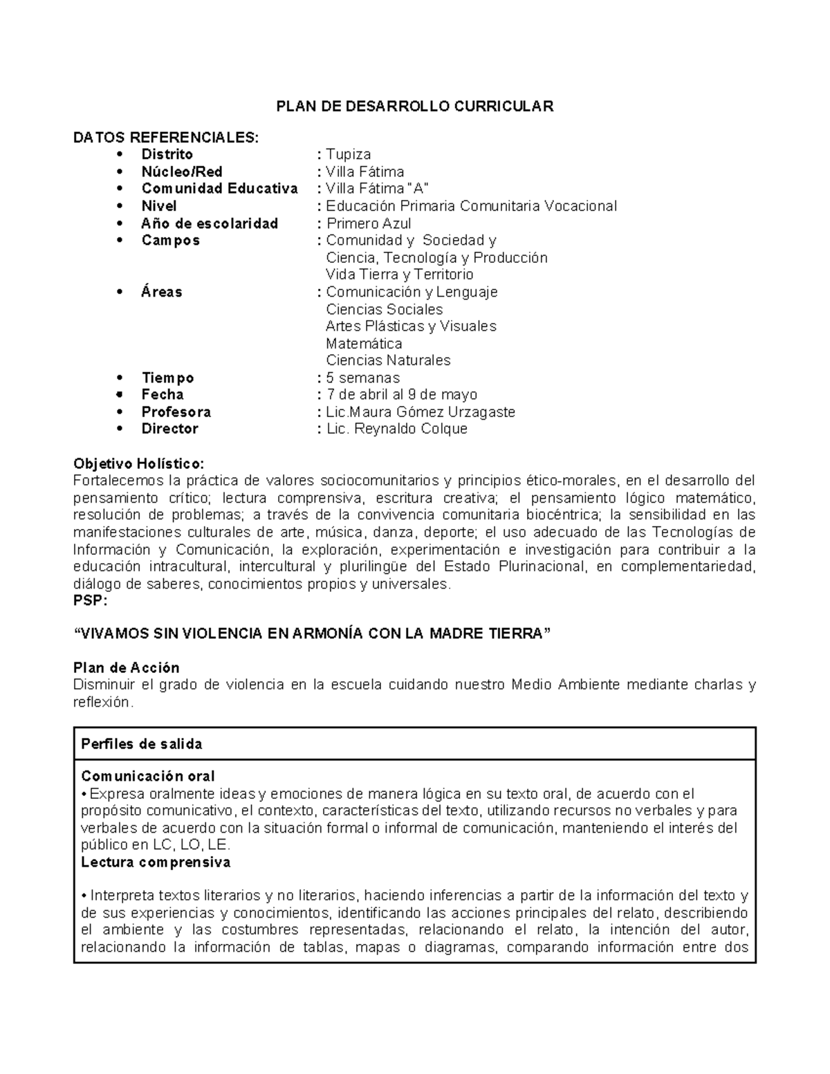 PLAN DE DESARROLLO CURRICULAR PRIMERO DE PRIMARIA - Studocu