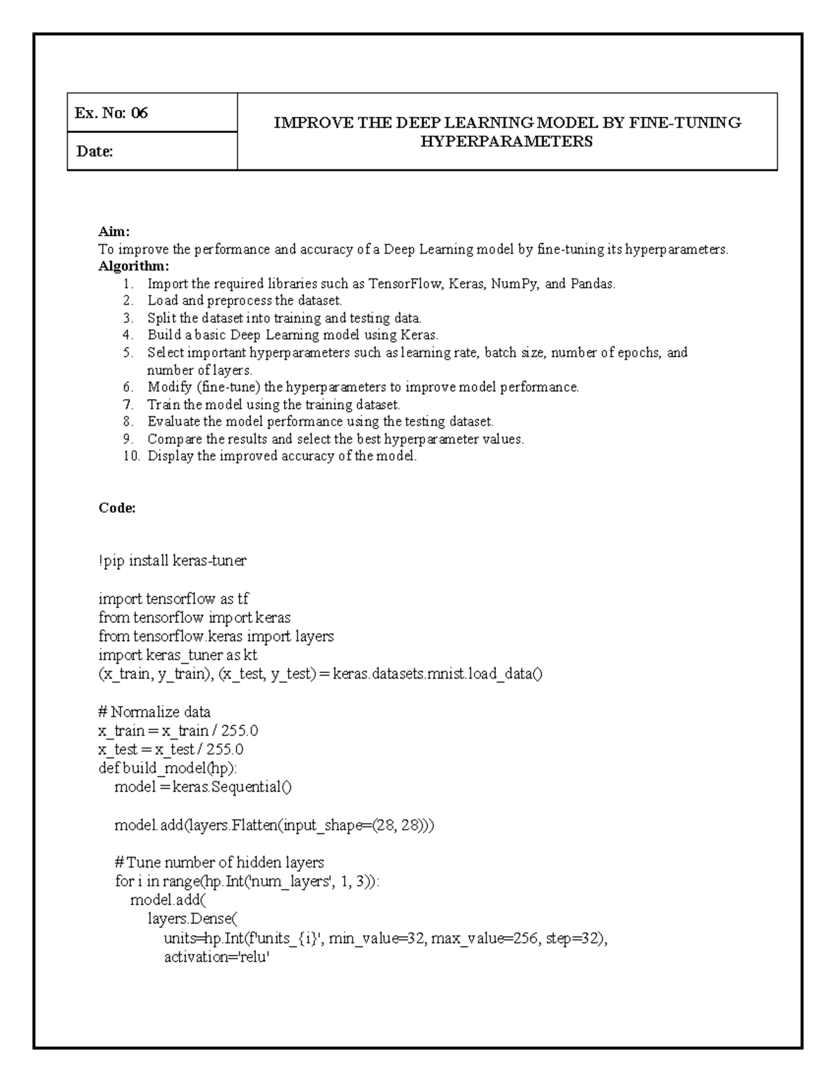 Ex. No: 06 - Enhancing Deep Learning Model Hyperparameters - Studocu