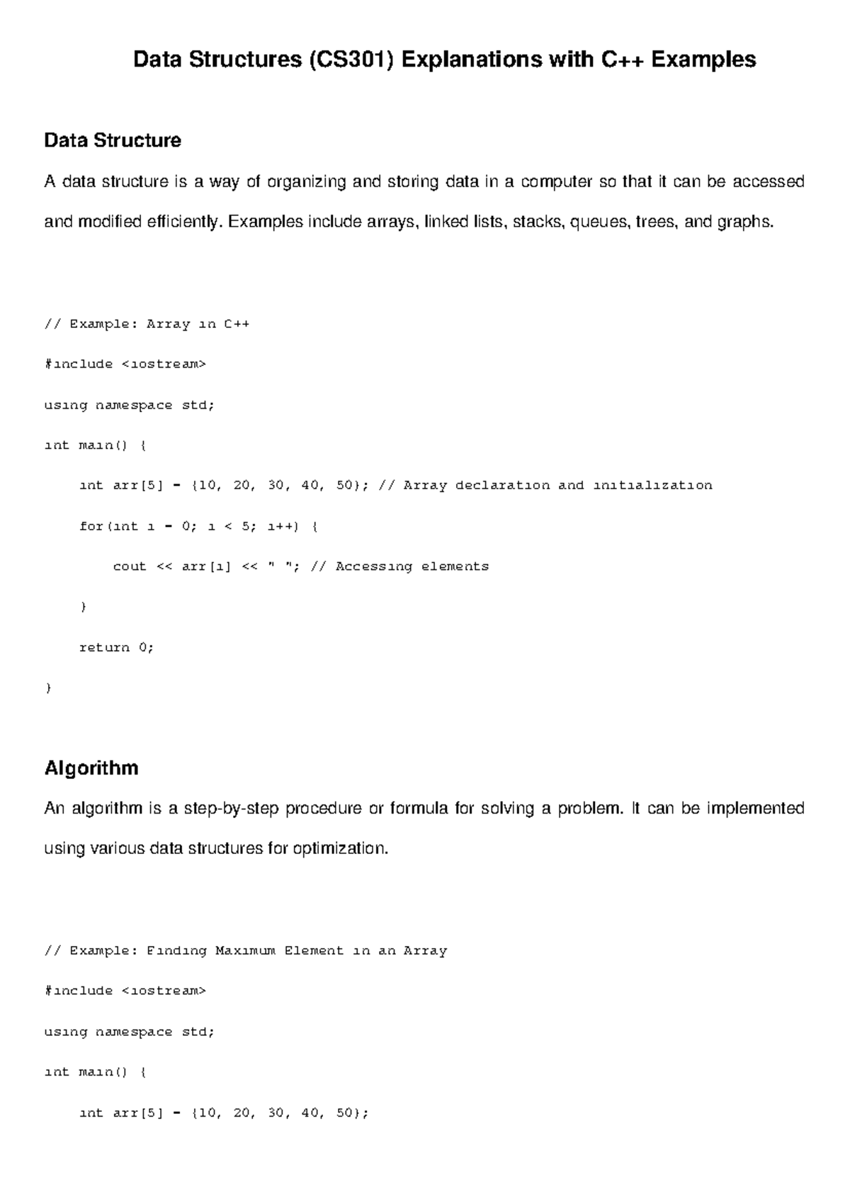 CS301 Data Structures in C++: Concepts & Examples Explained - Studocu