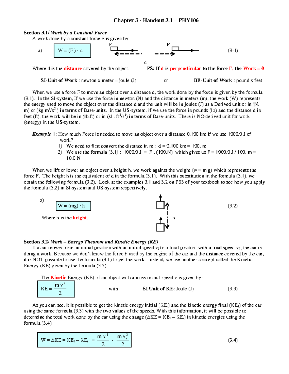 Chapter 3 - Work by a Constant Force - PHY106 - Studocu