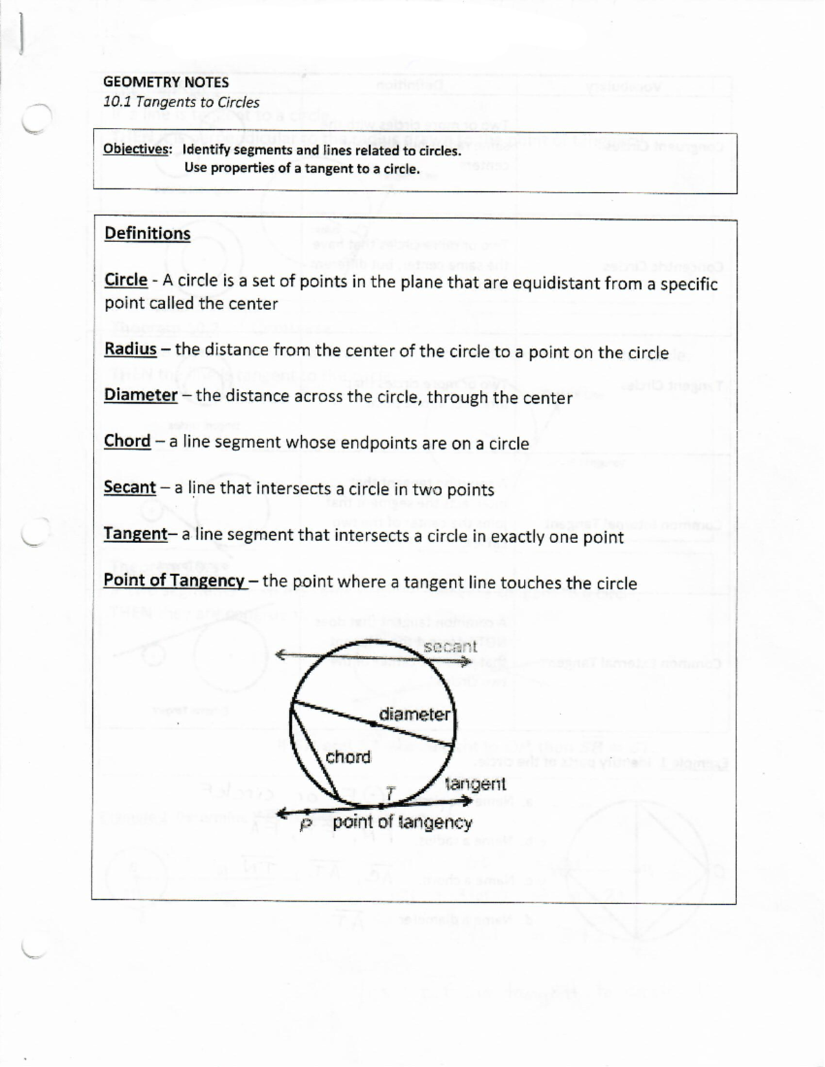 10.1 circle - GEOMETRY NOTES 10 Tangents to Circles Objectives ...