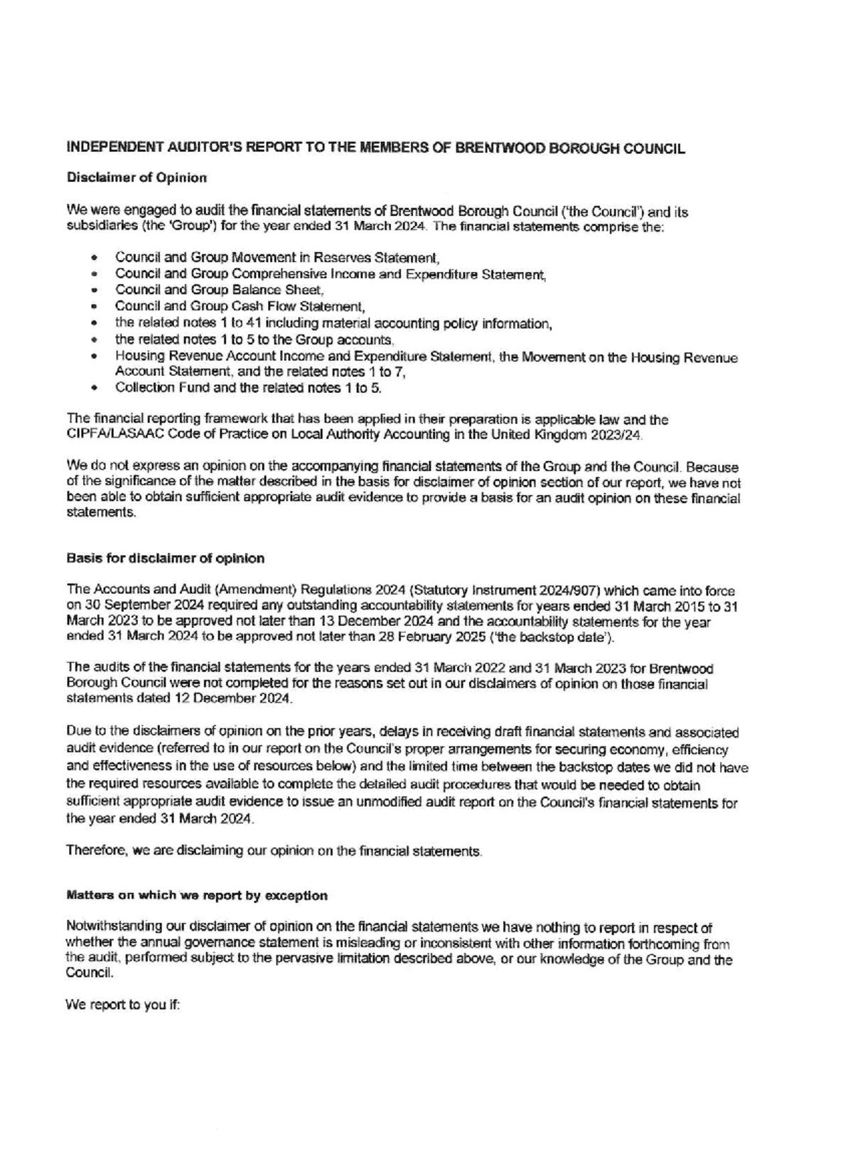 Audit Disclaimer Report for Brentwood Borough Council (2024) - Studocu
