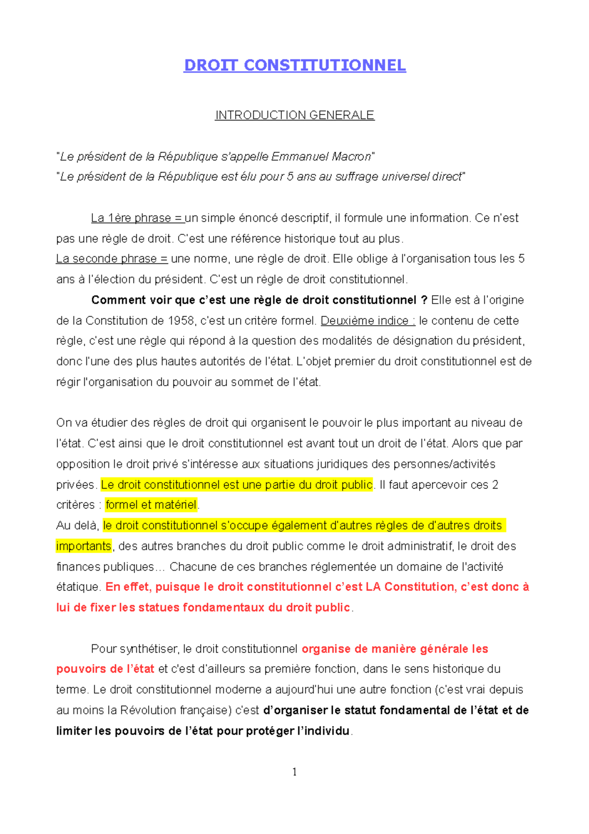 Cours - DROIT CONSTITUTIONNEL INTRODUCTION GENERALE “Le président de la ...