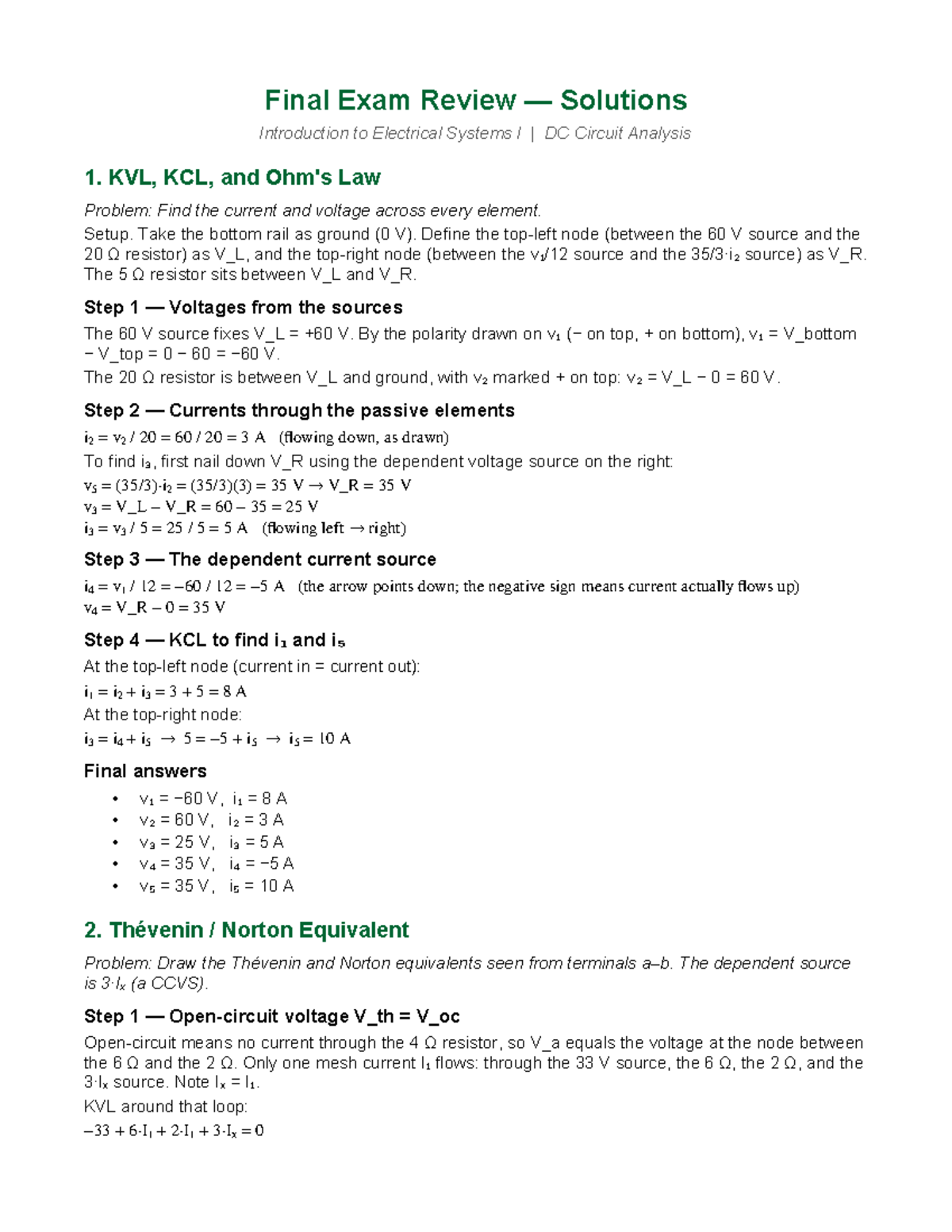 Final Exam Review Solutions: Intro to Electrical Systems I (DC Circuit ...