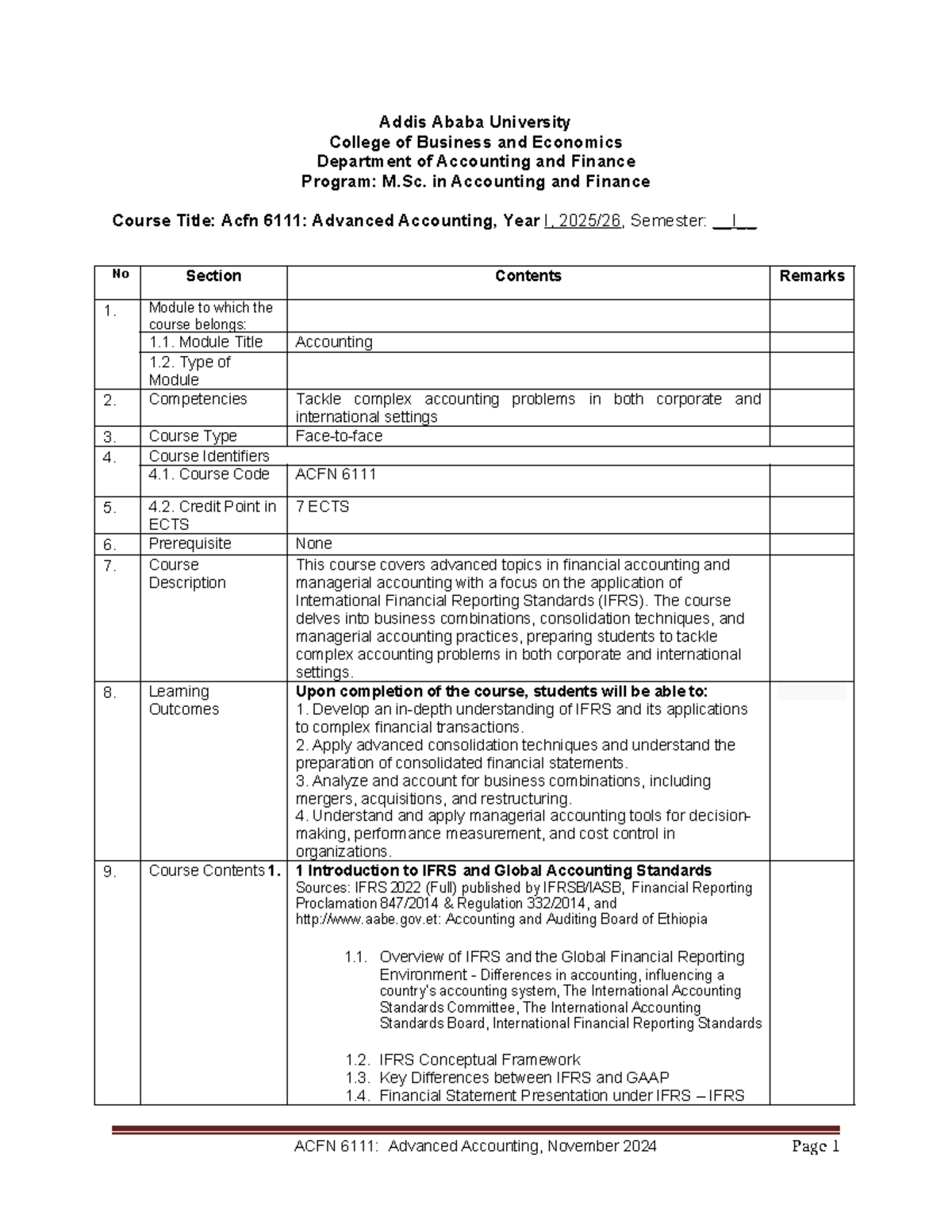 ACFN 6111 Advanced Accounting Course Outline - Dec 2024 - Studocu