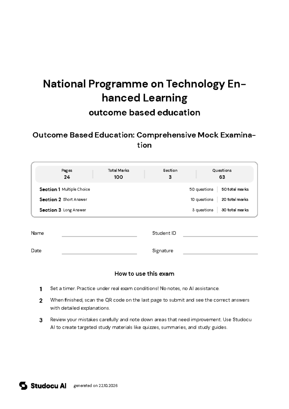 Outcome Based Education: Comprehensive Mock Exam - Studocu