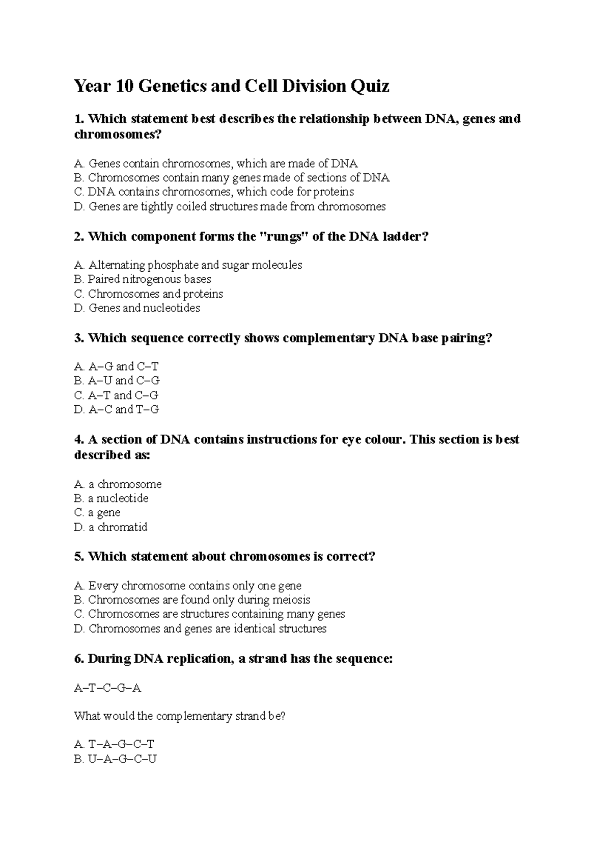Year 10 Genetics & Cell Division Quiz 1: DNA, Genes & Chromosomes - Studocu