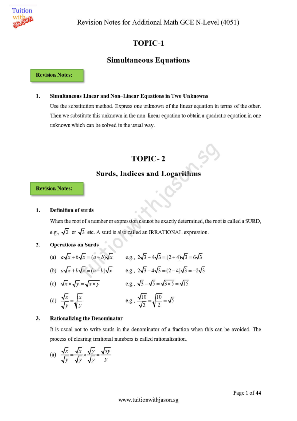 Revision Notes for Additional Math GCE (4051) - Key Concepts and ...