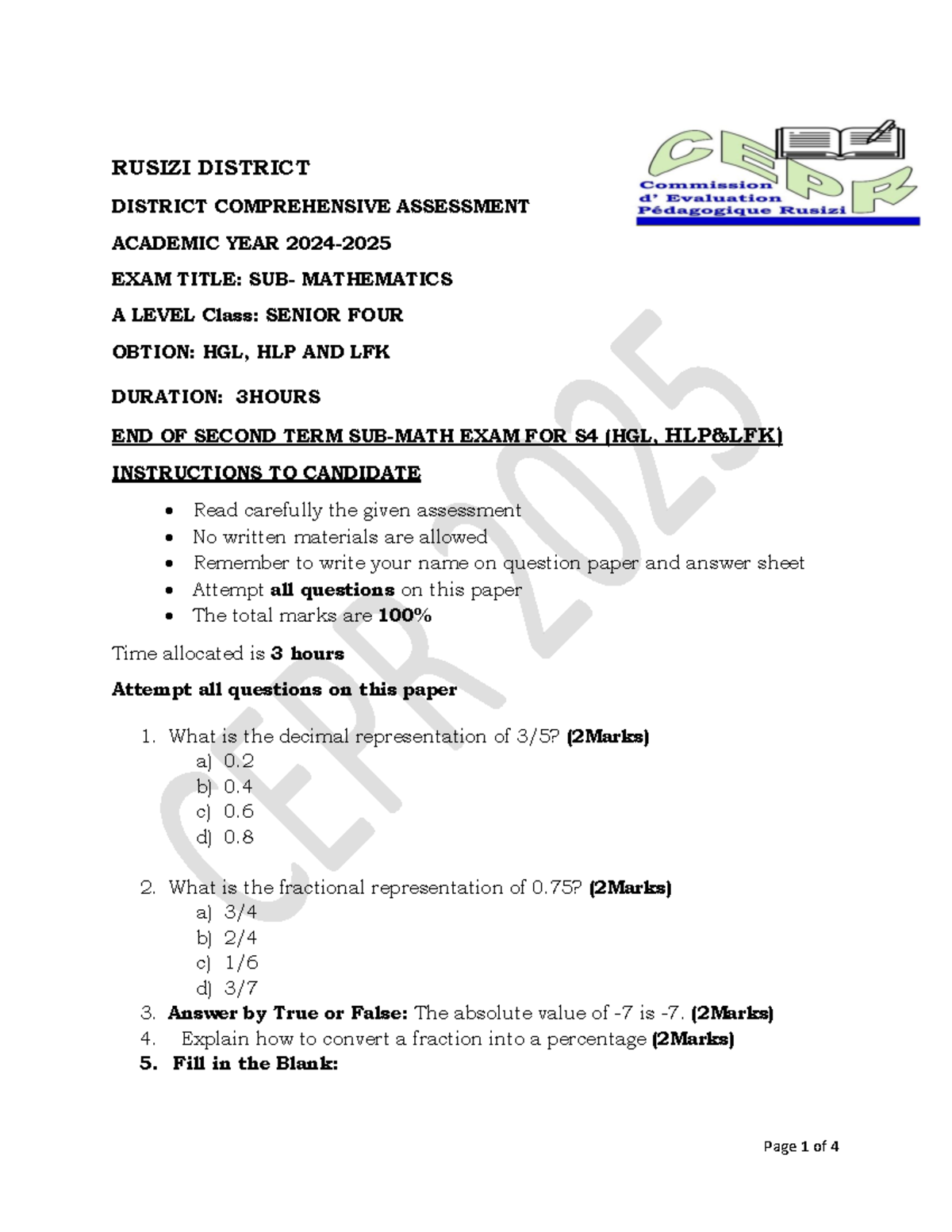 S4 MATHEMATICS SECOND TERM EXAM ASSESSMENT 2023 - Studocu