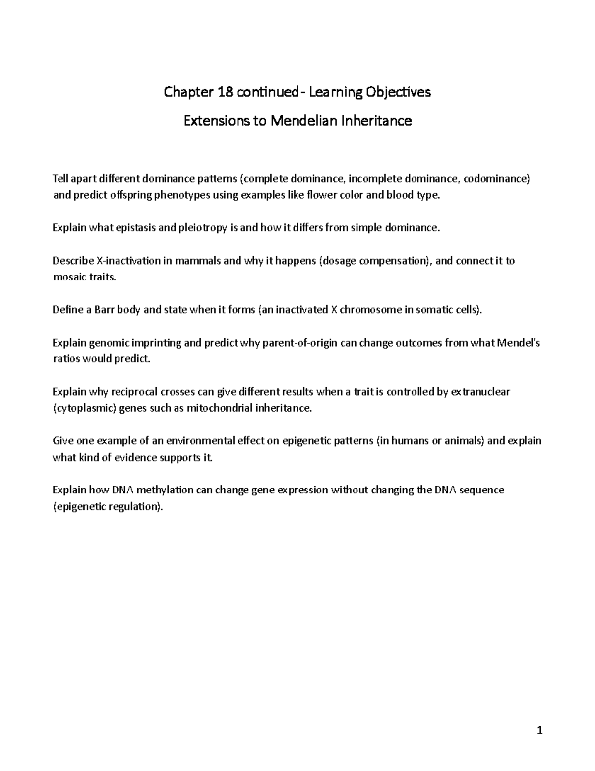 Ch 18: Learning Objectives on Extensions to Mendelian Inheritance - Studocu
