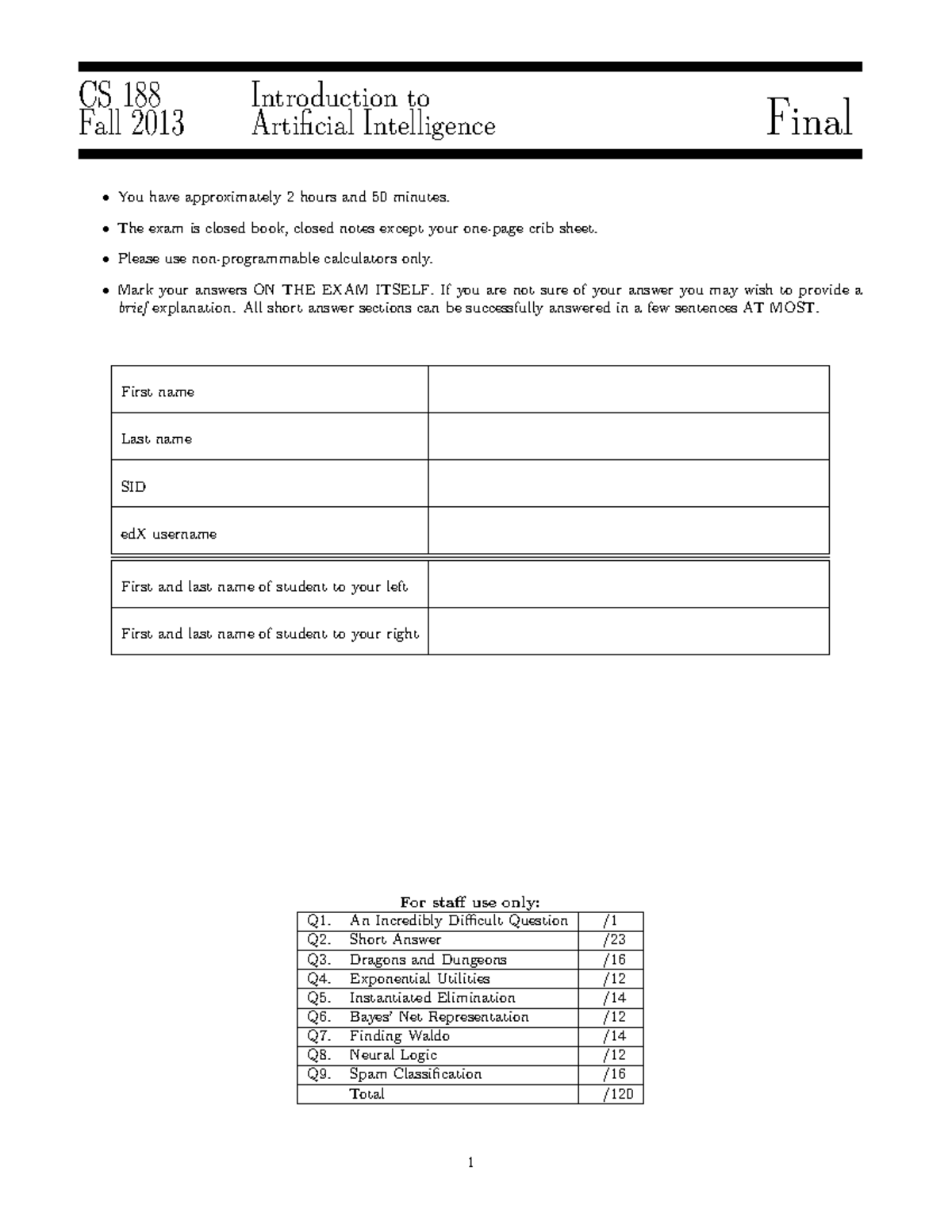 CS 188 Fall 2013 Final Exam Solutions for AI - Studocu