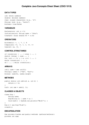 Java Code Writing Cheat Sheet (CSCI 1010) - util; Scanner scanner = new ...