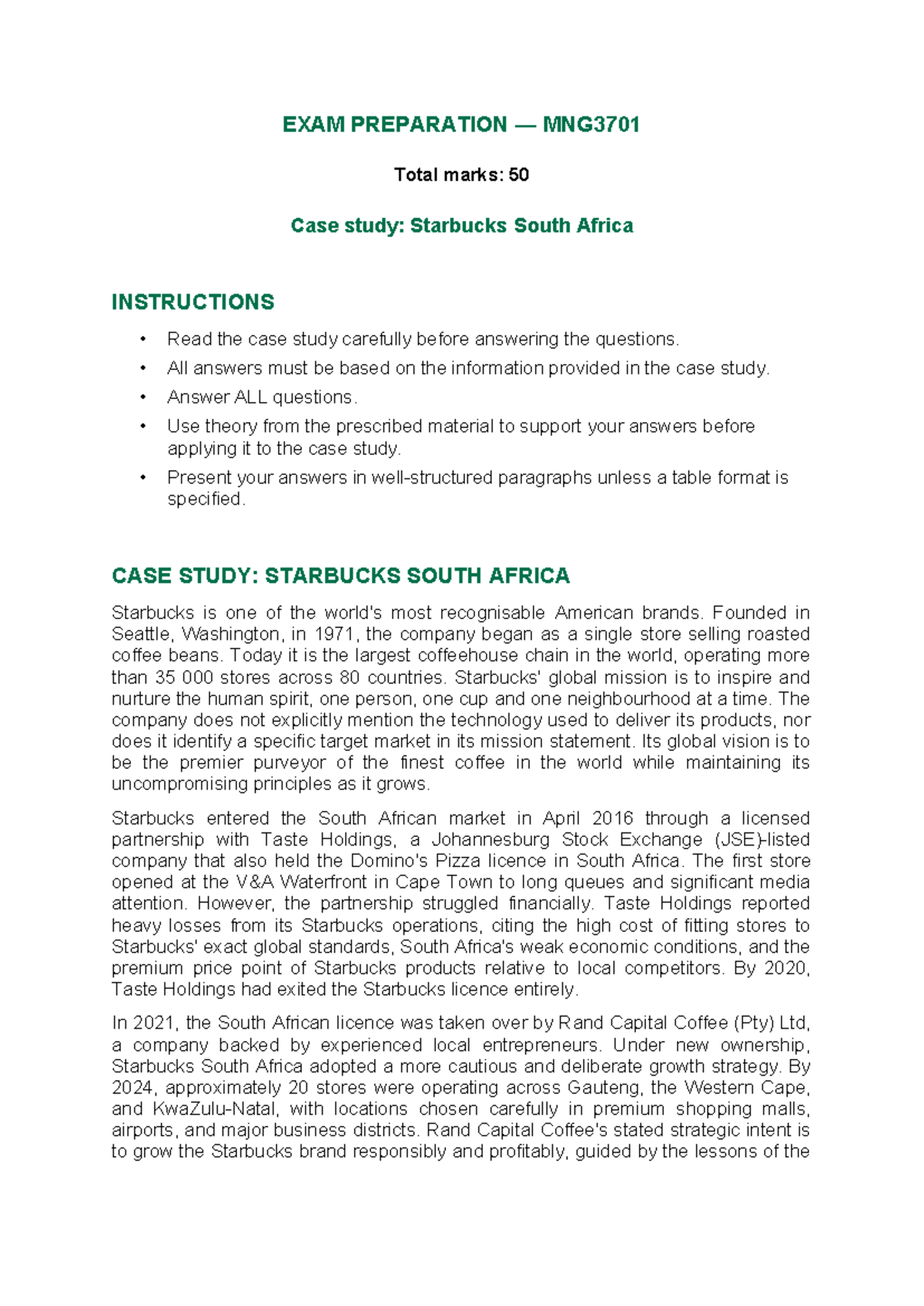 MNG3701 Exam Prep: Case Study on Starbucks South Africa 2026 - Studocu