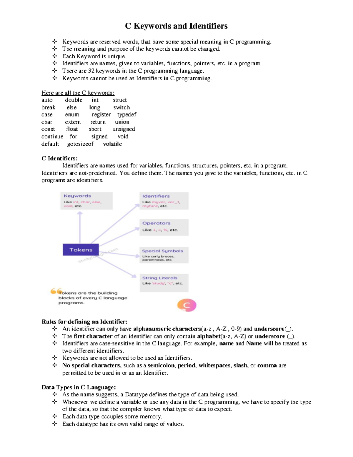 C Programming Notes: Keywords, Identifiers, and Data Types - Studocu