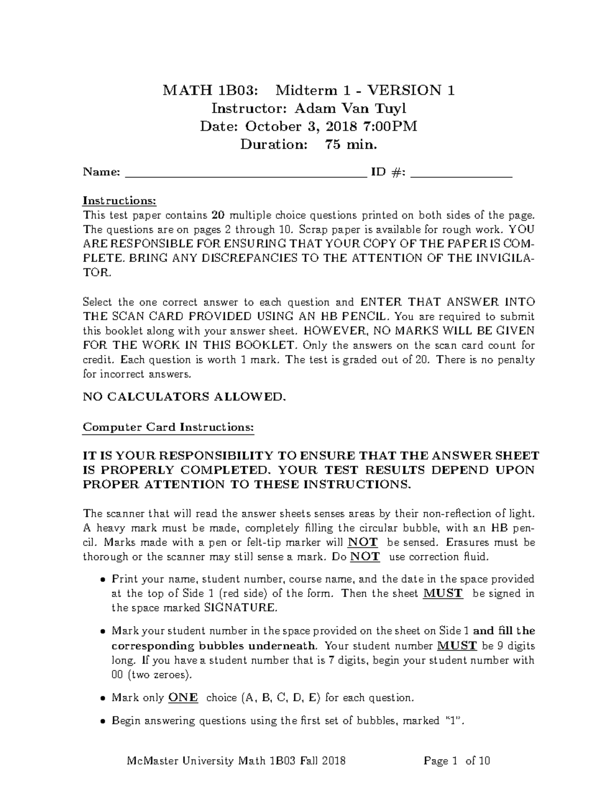 MATH 1B03 Midterm 1 Review - Version 1 (Fall 2018) - Studocu