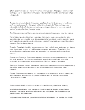 Therapeutic Communication - Study Notes & Assignments - Studocu