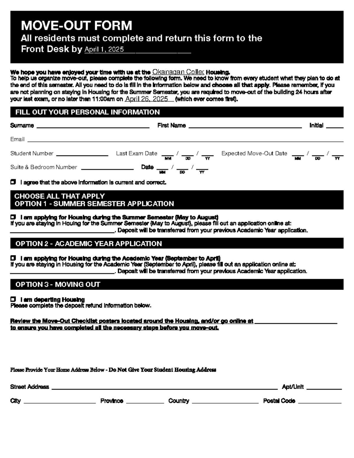 Move Out Form - 2025 - Okanagan College - Sociology of Housing - FORM ...