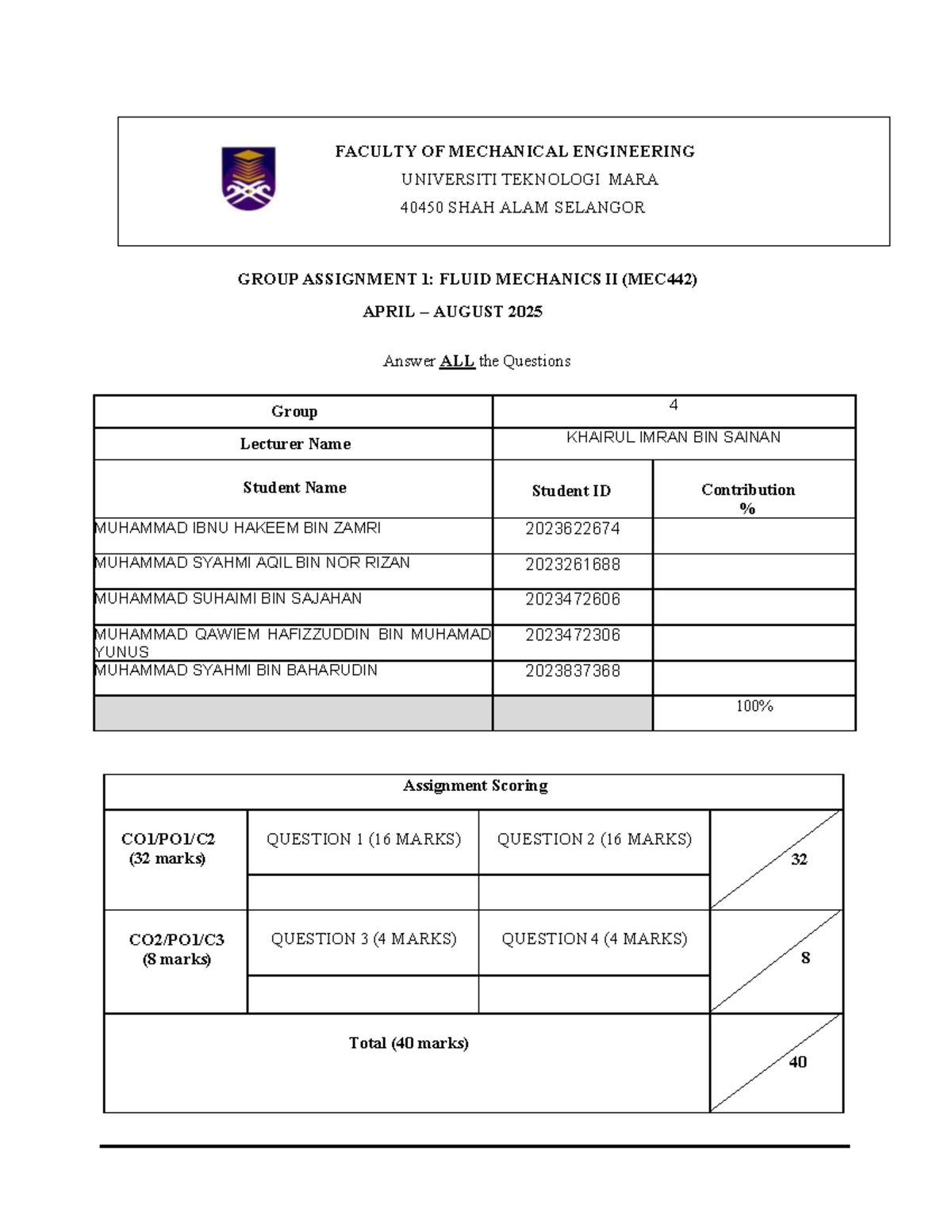 MEC442 Group Assignment 1: Fluid Mechanics II Analysis - Studocu
