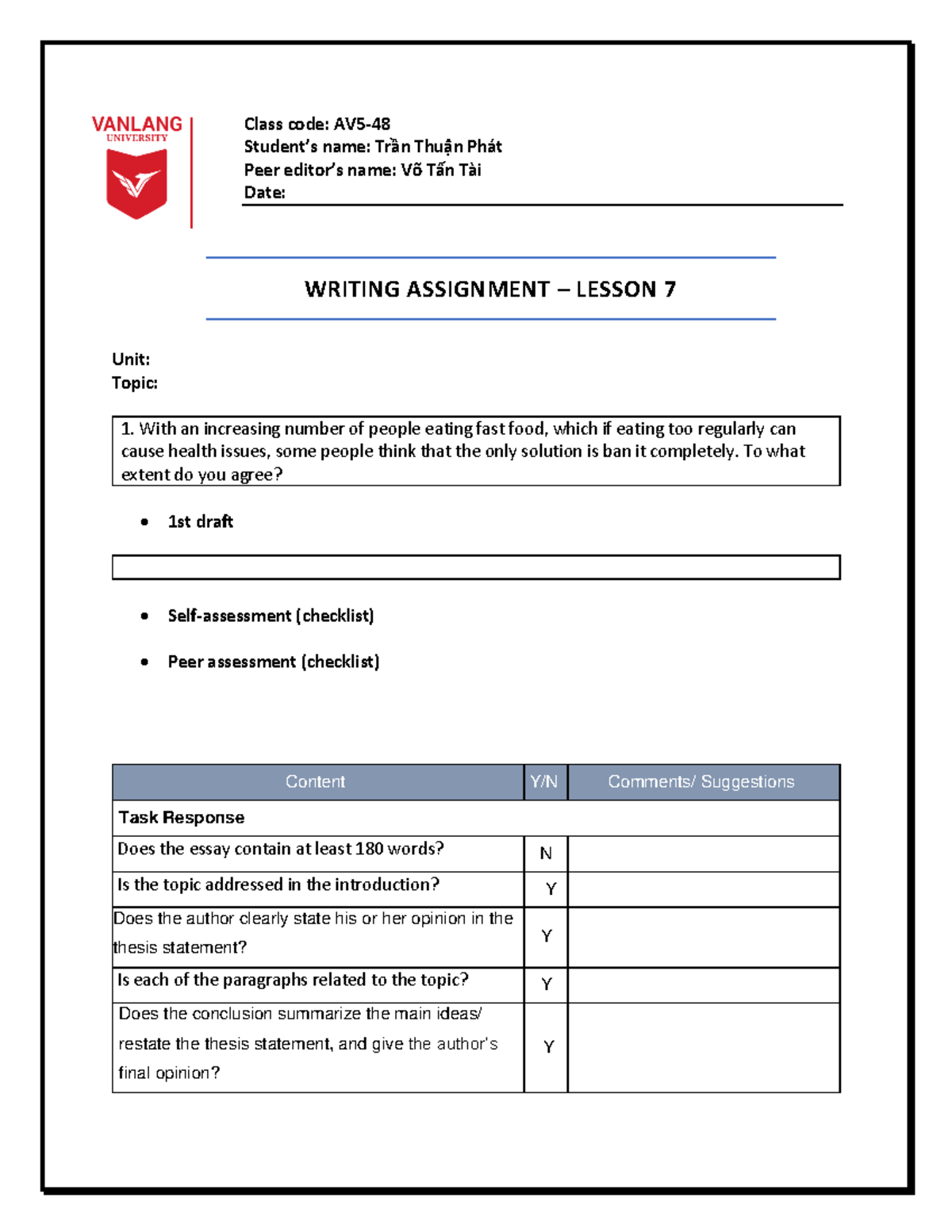 Template Writing assignment LSS7 - Class code: AV 5 - 48 Student’s name ...