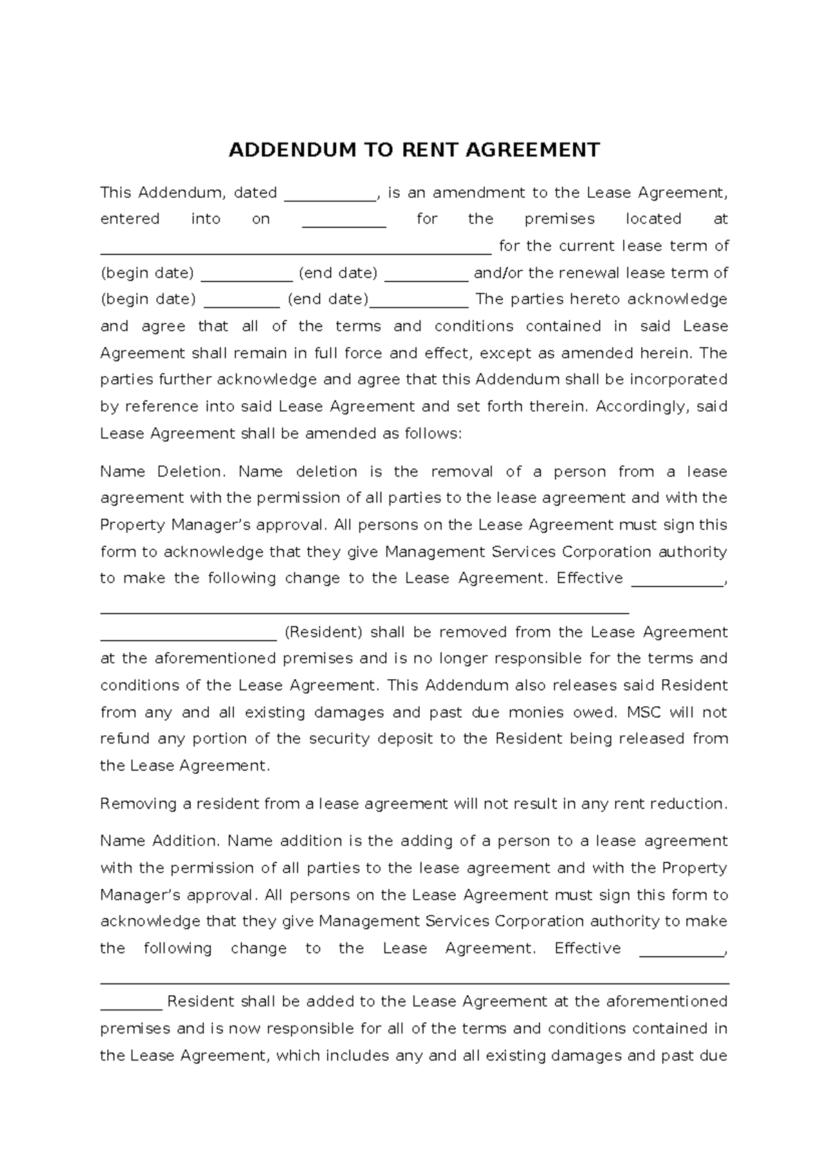Addendum TO Rent Agreement - ADDENDUM TO RENT AGREEMENT This Addendum ...