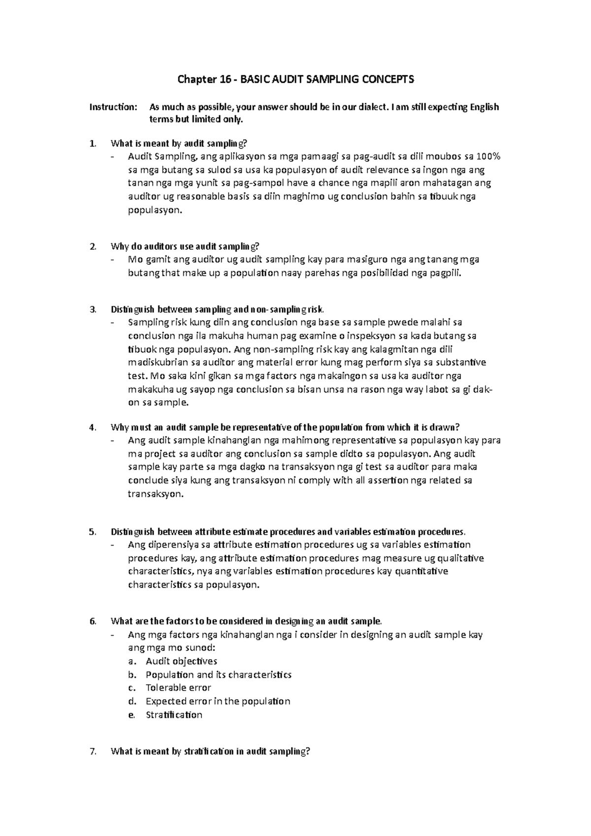 Chapter 16 - Basic Concepts in Audit Sampling (ACCT 101) - Studocu