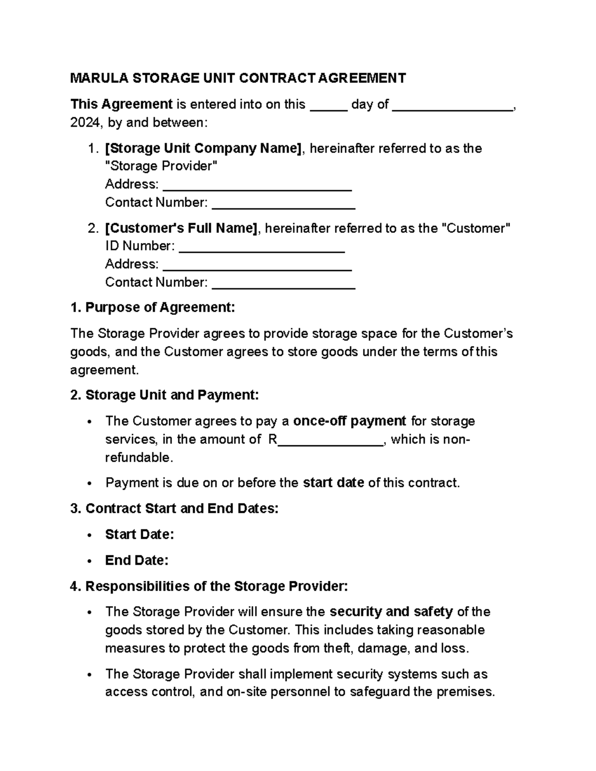 Marula Storage Contract - MARULA STORAGE UNIT CONTRACT AGREEMENT This ...