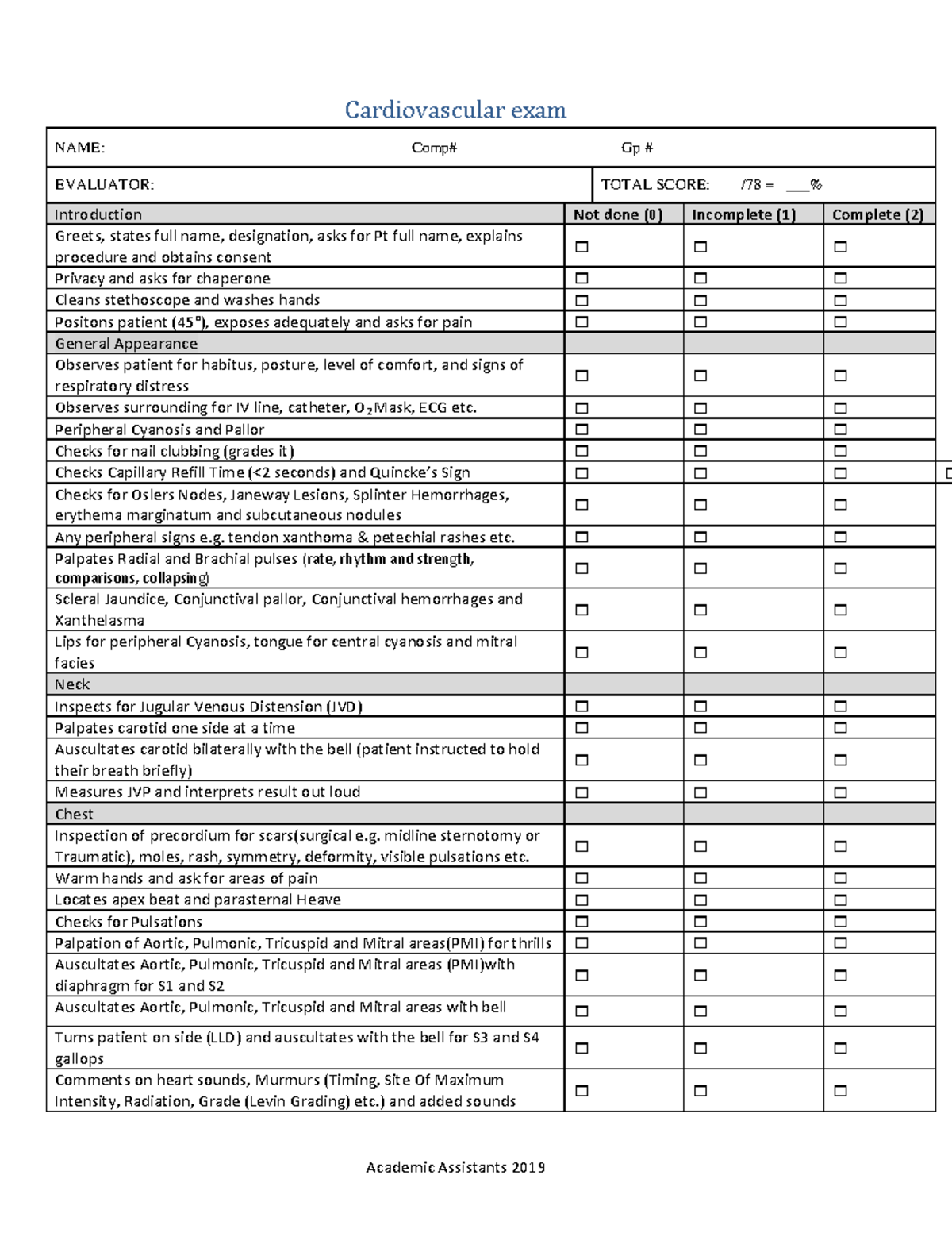 CVS 2019 - Cardiovascular Exam Procedure and Assessment Guide - Studocu