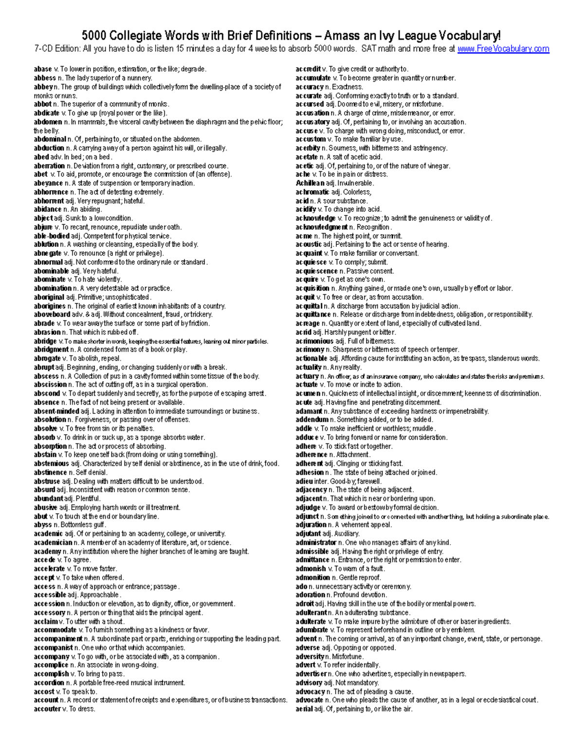 5000 Collegiate Vocabulary Words with Definitions for Mastery - Studocu